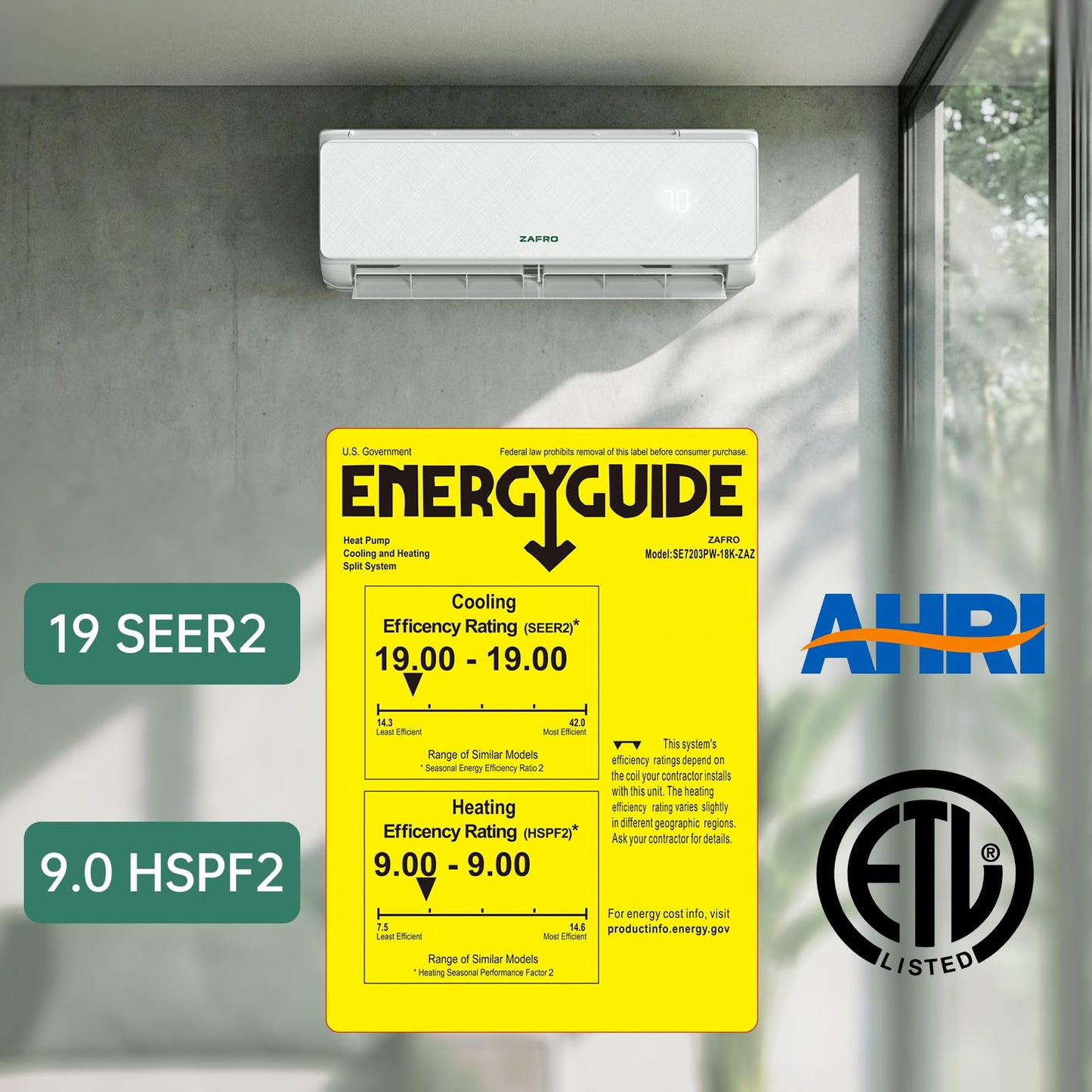 ZAFRO Wifi Enabled Mini Split Air Conditioner & Heater, 18000BTU 115V Inverter Ductless Wall AC Unit with Installation Kit, 28dB Quiet Operation 19 SEER2 Pre-Charged Mini Split, Cools Up to 1200 Ft²