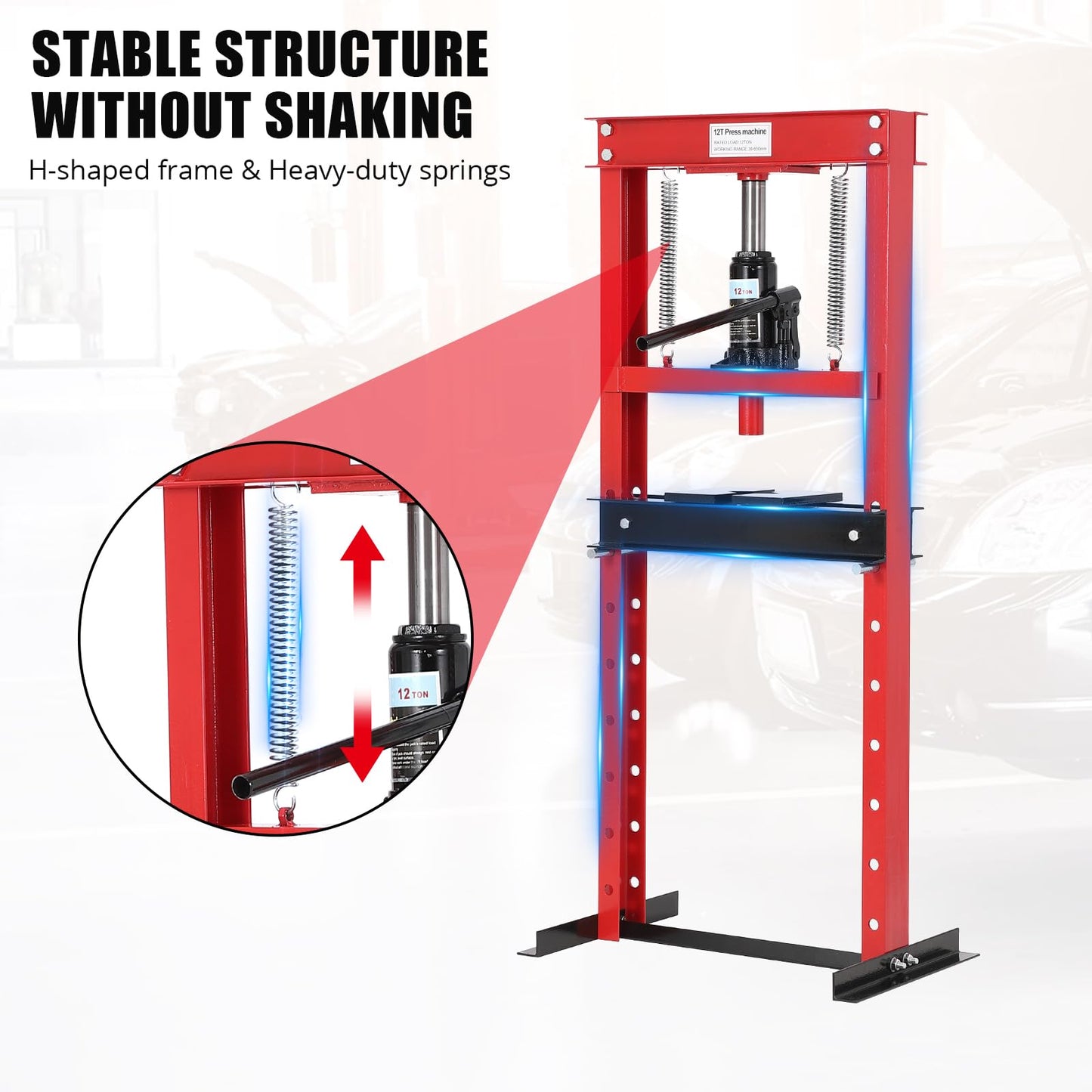 12T Hydraulic Press, Heavy Duty H-Frame Garage Floor Hydraulic Shop Press with 2 Press Plates, Adjustable Working Table Height, for Auto Repair, Red