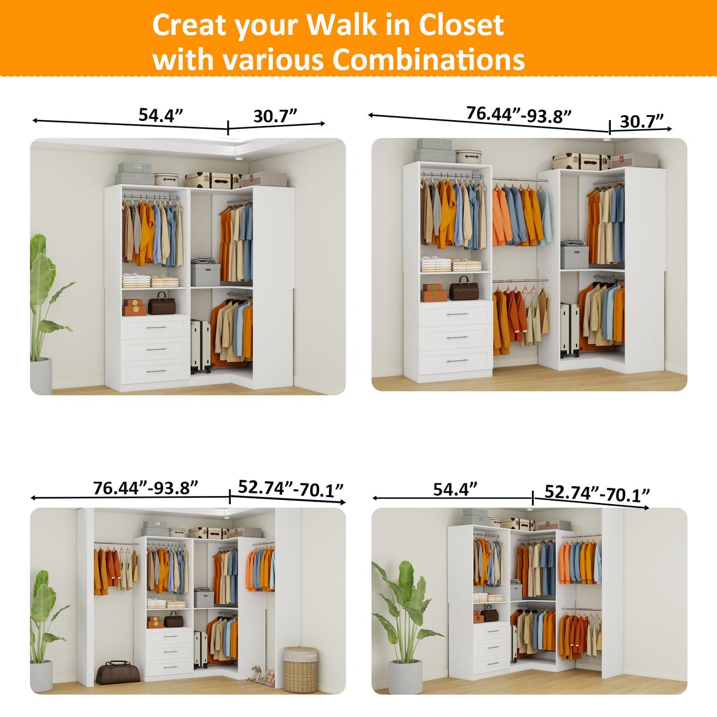 Secilix Closet System with 3 Wooden Drawers, 4.5-6FT Corner Closet Organizer System for Walk in Closet, Heavy Duty Modular Closet Systems, Built-in Shelving System with 5 Hanging Rods, 2-Piece Set
