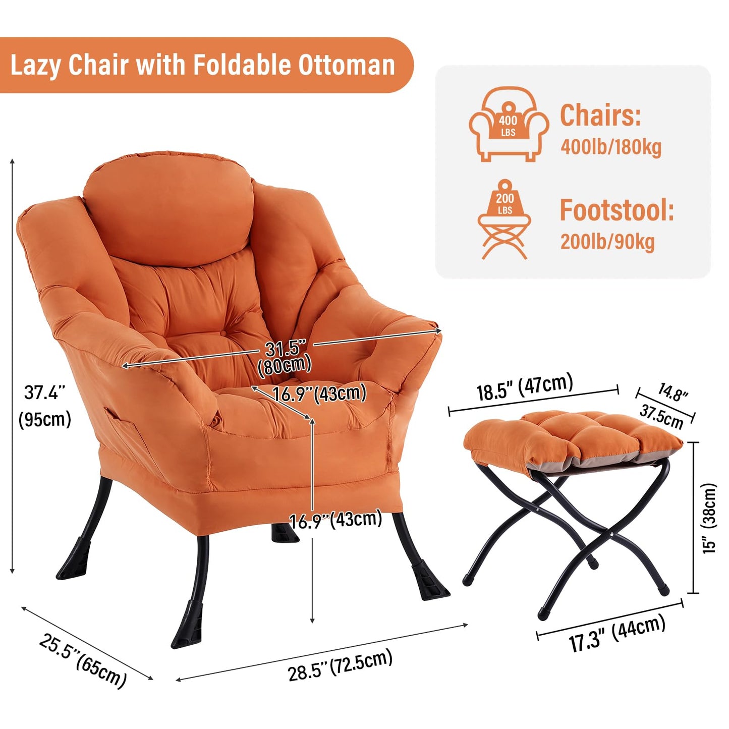 Furlide Lazy Chair with Ottoman, Modern Accent Chair with Armrests and a Side Pocket, Orange Accent Chairs, Reading Chairs, Oversized Armchairs for Bedroom, Study, Living Room, Courtyard