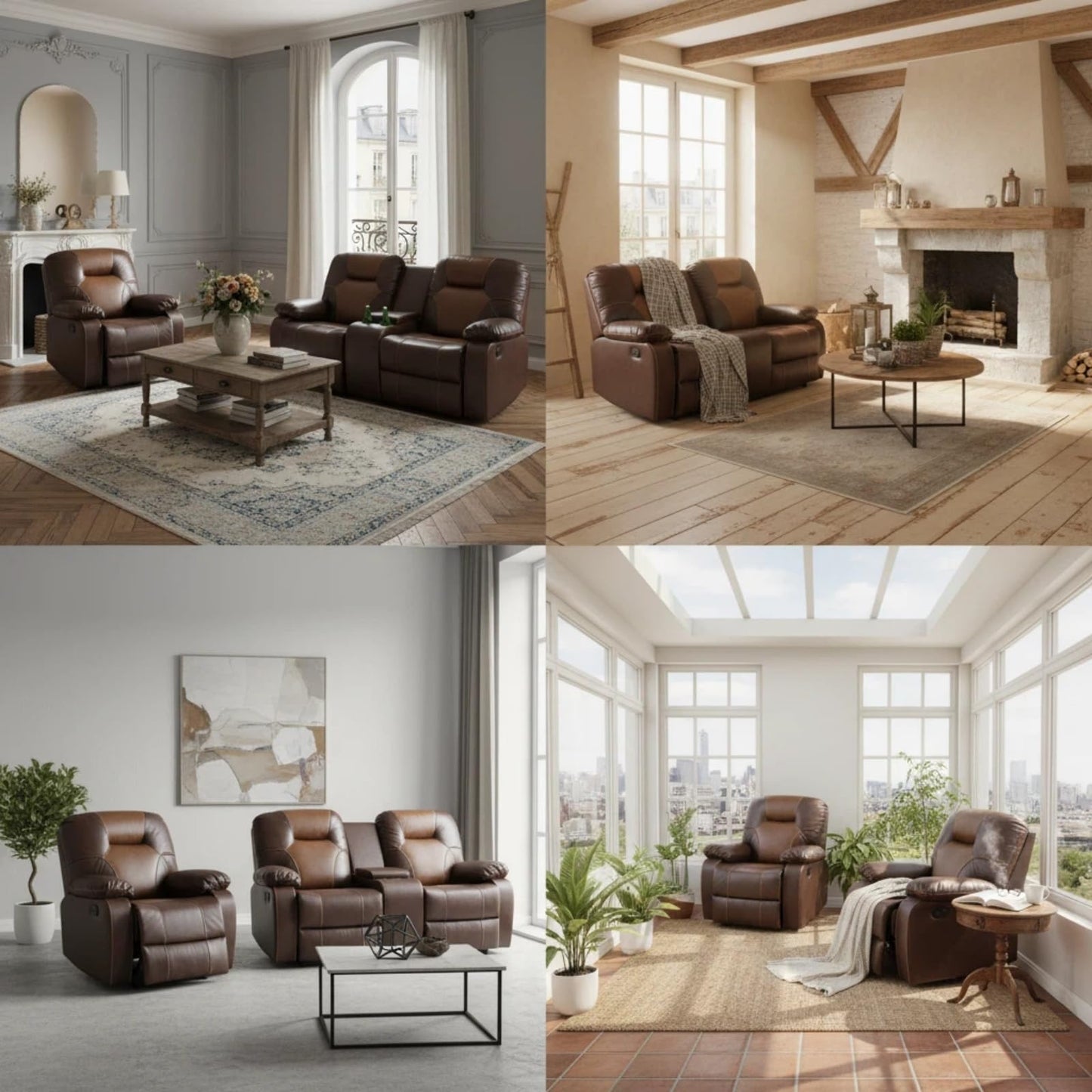Trygoal Leather Recliner Sofa Set, Living Room Furniture Set, Adjustable Backrest Reclining Loveseat Sofa with Storage Console & Cup Holders, Manual Recliner Chair for House, Home Theater, Brown