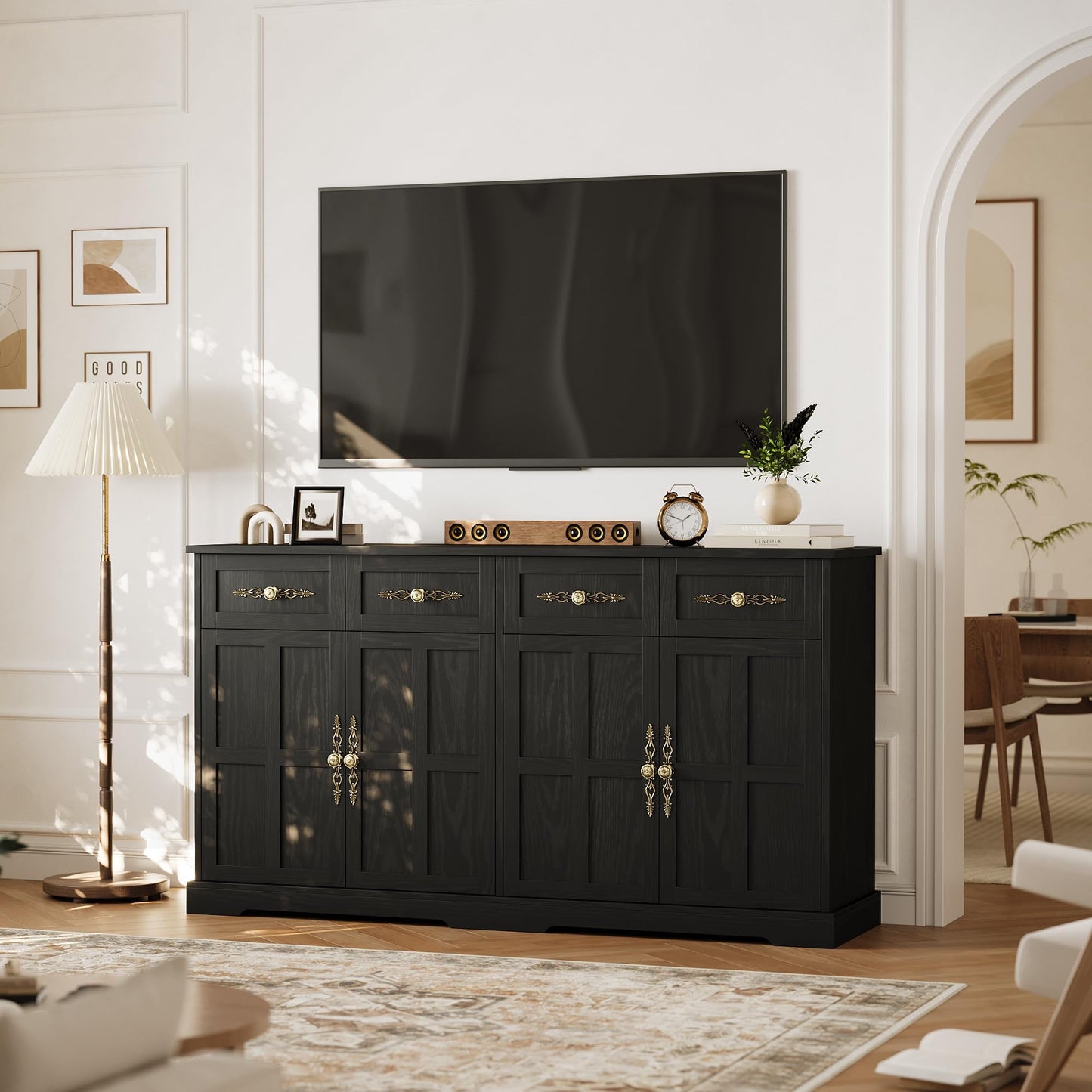Garvee 63" Large Buffet Sideboard with Storage, 36" Tall Kitchen Buffet Storage Cabinet with 4 Drawers, Modern Coffee Bar Cabinet with Gold Handles, Long Sideboard Buffet Table for Kichen, Black