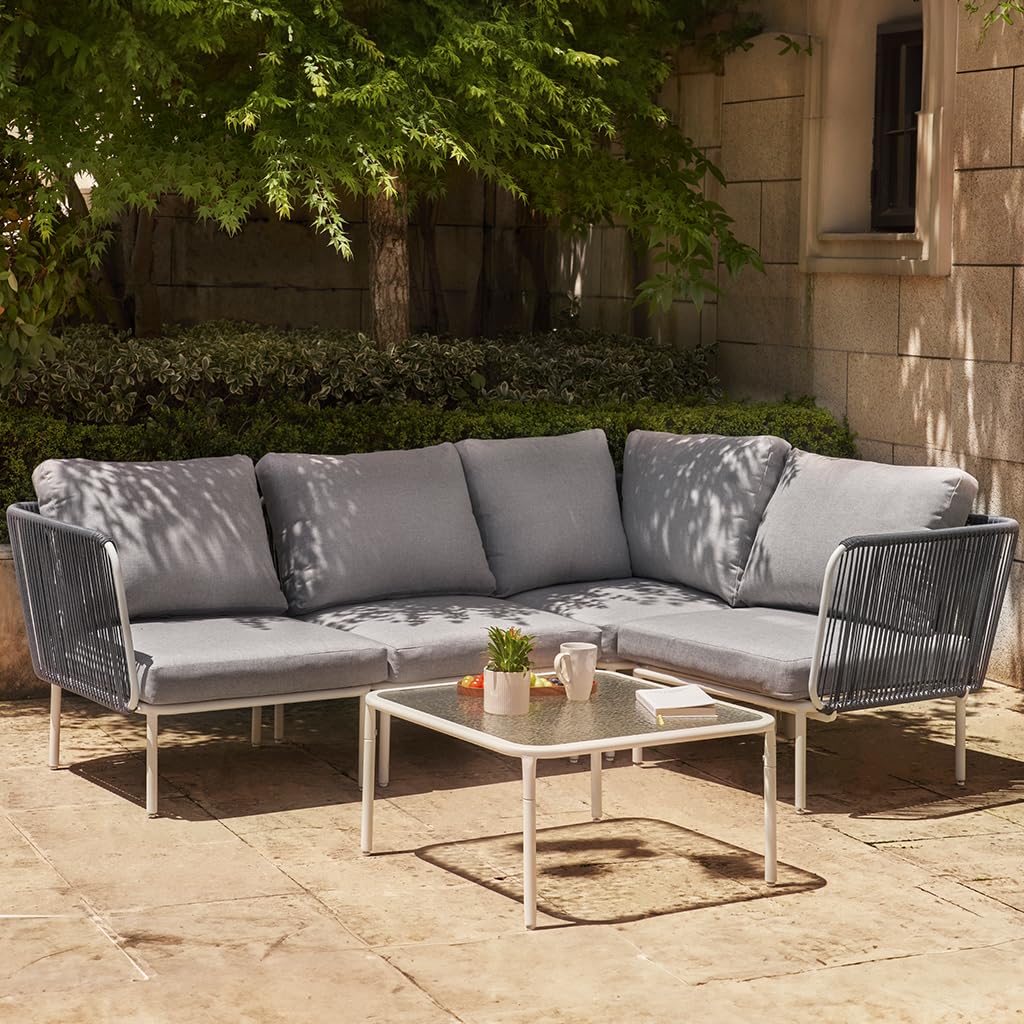 East Oak 5-Piece Montauk Modular Patio Furniture Set, Outdoor Sectional Sofa with Cushion and Glass Coffee Table, Modern Patio Conversation Set for Garden, Backyard and Porch, Grey