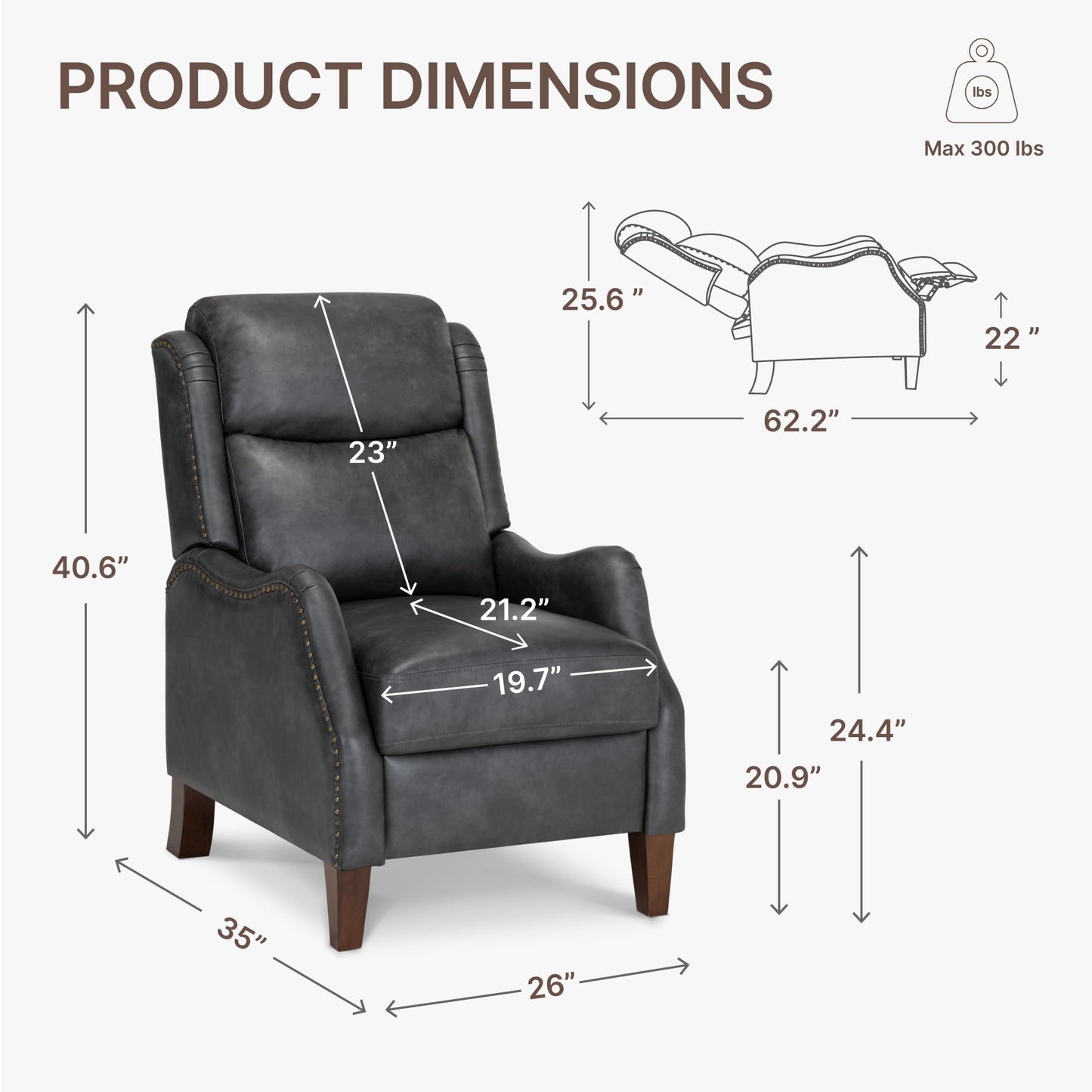 KISLOT Leather Pushback Recliner Faux Armchair with Rivet Decoration Single Sofa Accent Chair for Living Room Bedroom