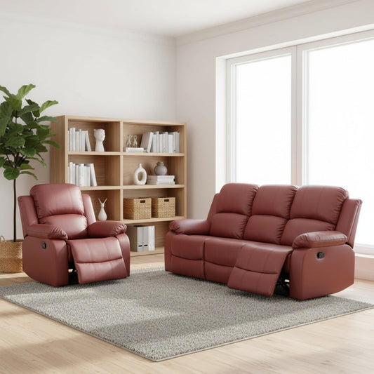 Trygoal Leather Recliner Sofa Set, Living Room Furniture Set, Adjustable Backrest Reclining 3-Seat Sofa with Convertible Middle Coffee Table, Manual Recliner Chair for House, Home Theater, Red