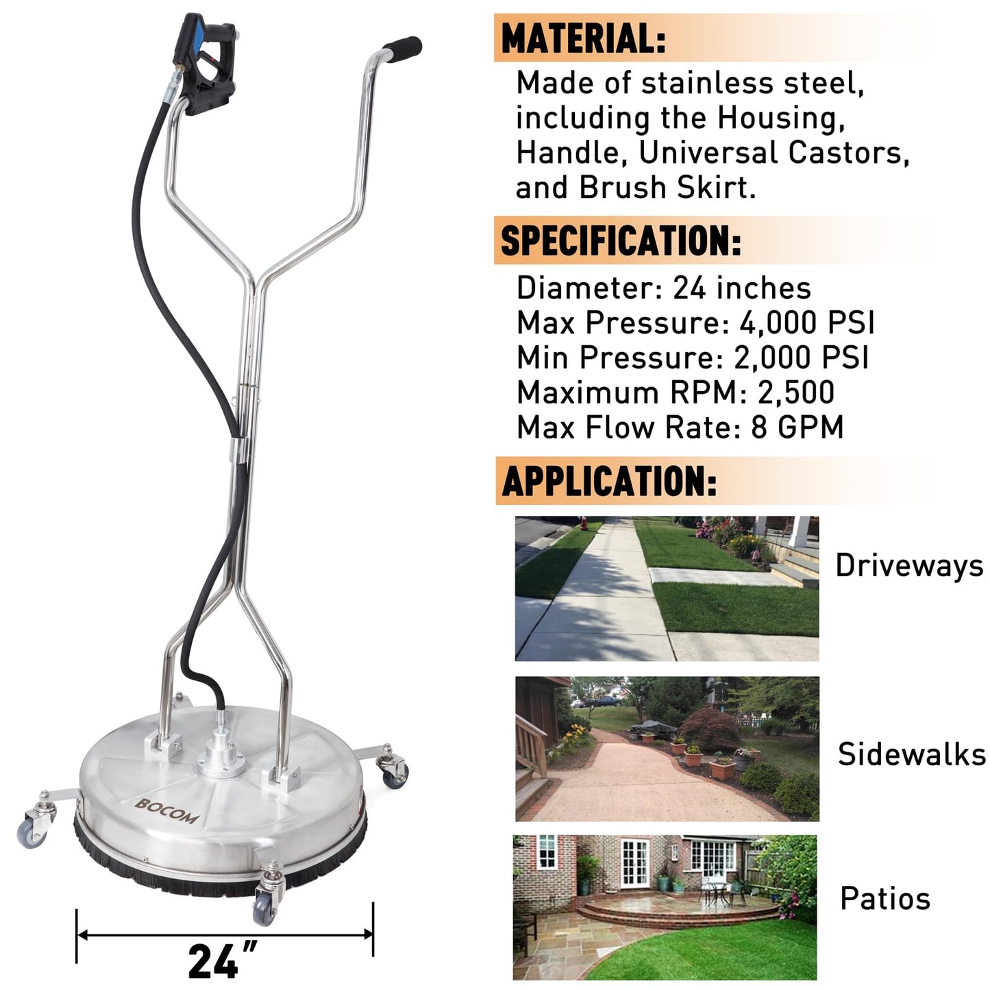 BOCOM 24 Inch Pressure Washer Surface Cleaner Dual Handle Commercial Power Washer Accessory & Parts Concrete Floor Scrubber Attachment with Wheels for Cleaning Driveways, Sidewalks, Patios, 4000 PSI