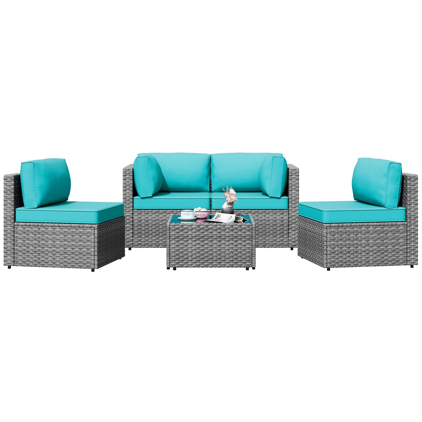 Patio Furniture Sets, 5 Piece Outdoor Sectional Sofas, Wicker Rattan Outdoor Furniture Patio Conversation Set, All-Weather PE Rattan Outdoor Couch for Backyard, Garden, Gray & Blue