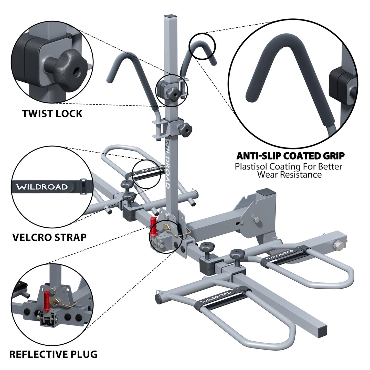 WILDROAD E-Bike Hitch Rack for Car, Quick Release Handle Wobble Free Smart Tilting Bike Rack, Foldable 2-Bike Rack for Standard, Fat Tire and E-Bike, 2-Bike 180 lbs Capacity, Fits 2-inch Receiver
