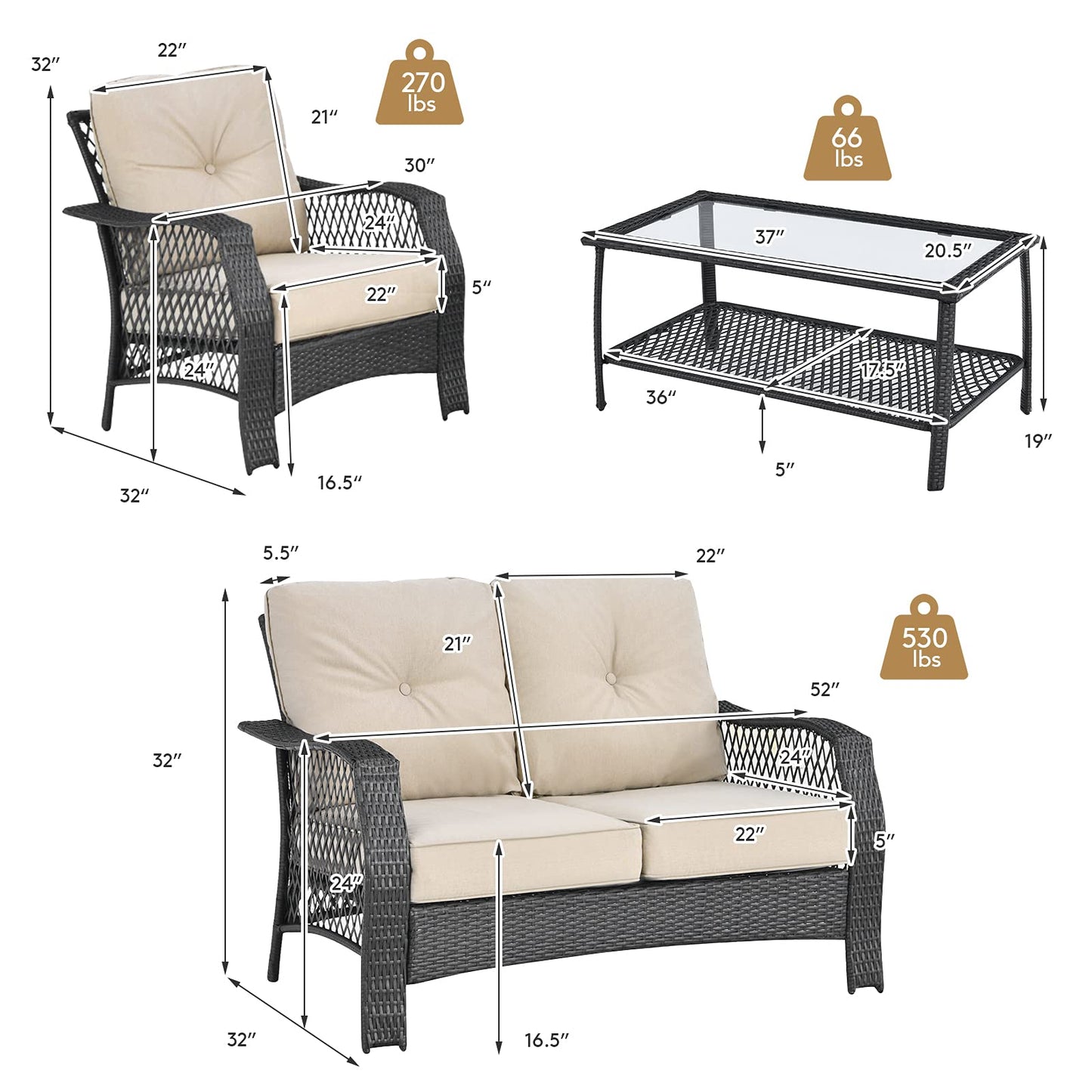 Tangkula 4 Pieces Outdoor Patio Furniture Set, Patiojoy PE Wicker Conversation Sofa Set with Tempered Glass Coffee Table, Sectional Rattan Patio Sofa Set for Garden, Backyard, Poolside (Beige)