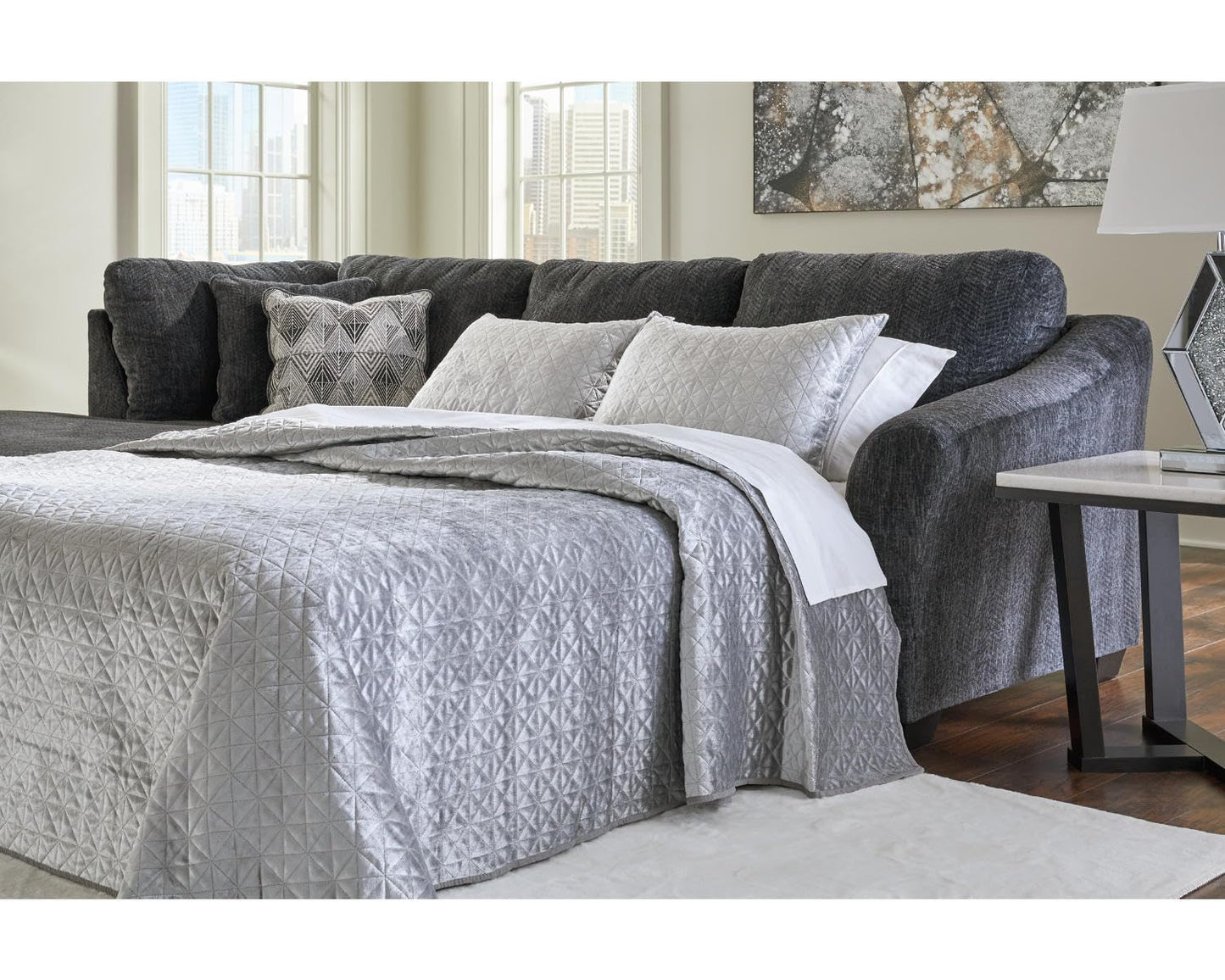 Signature Design by Ashley Biddeford Contemporary Left-Arm Facing Convertible 2-Piece Sleeper Sectional with Chaise, Bi-Fold Memory Foam Mattress and 4 Accent Pillows, Full, Gray