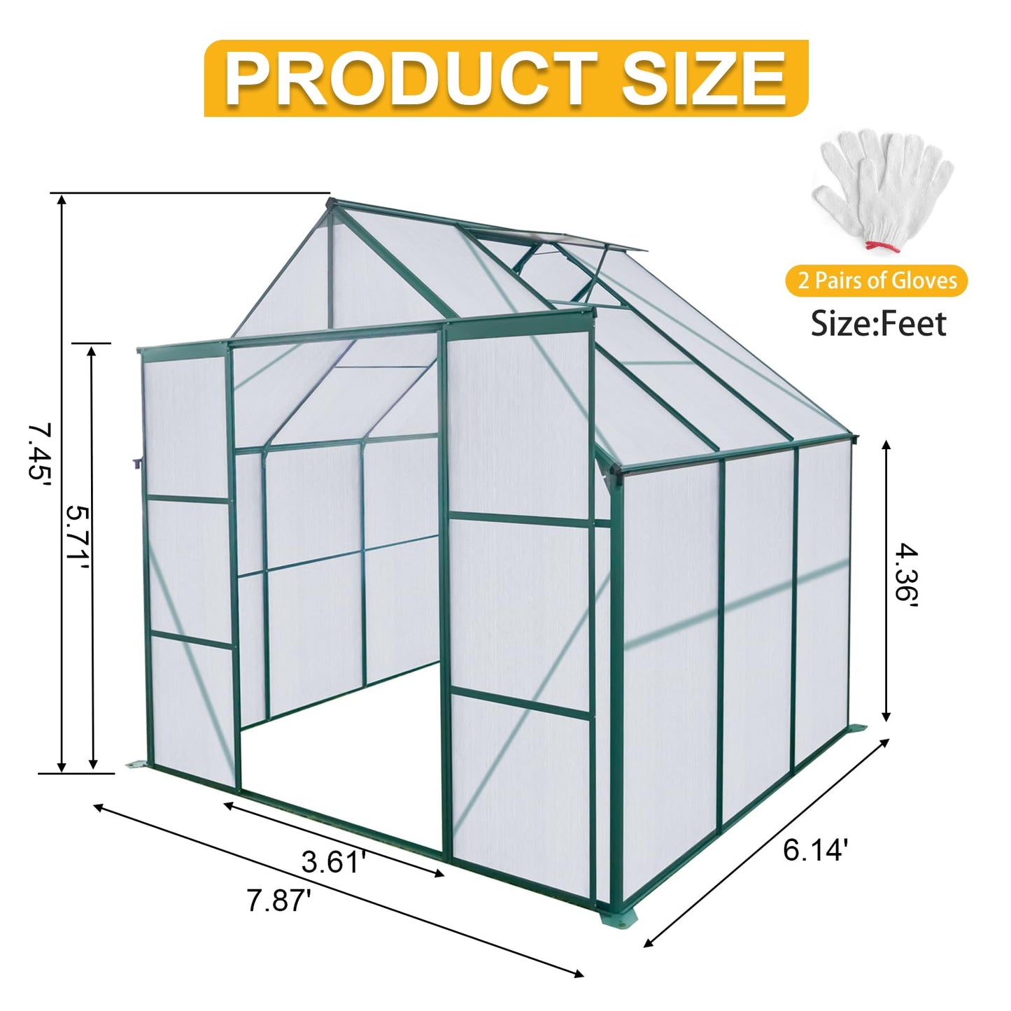 Ball & Cast 8X6 FT Greenhouse for Outdoors,Double Sliding Door Polycarbonate Raised Plant Base with Drainage System,Backyard Aluminum Heavy Duty Walk-in Green Houses w/ Adjustable Roof,Green