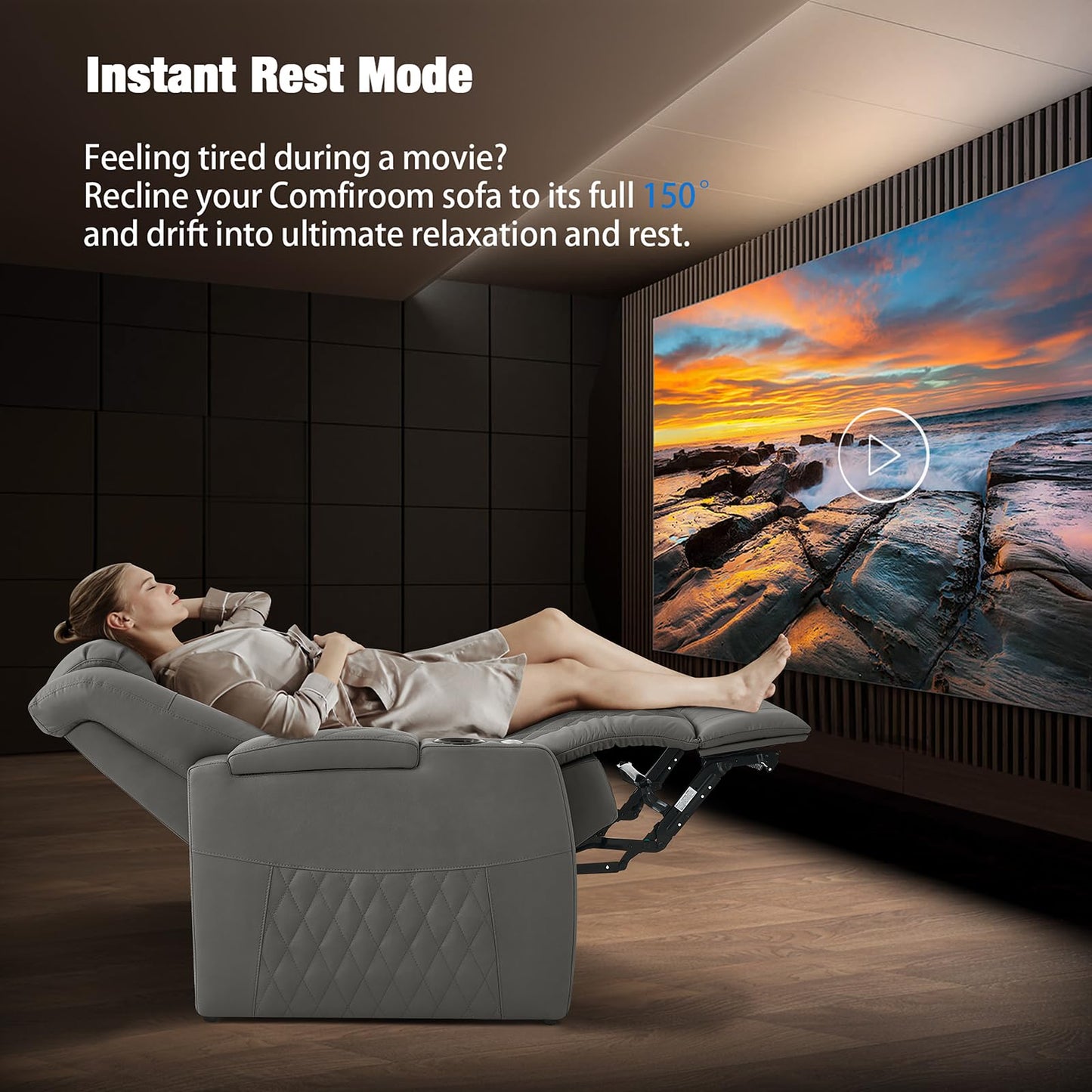 comfiroom Top Grain Leather Home Theater Seating, Classic Series Game Seats Movie Recliner Theater Chairs Recliner Sofa with Type-C Charger Bedroom Sofa Chair for Living Room (Grey, Row of 1)