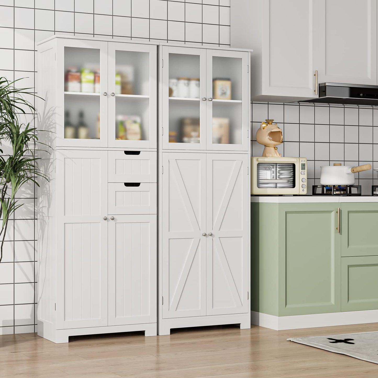 BOTLOG 67'' Tall Bathroom Storage Cabinet, Linen Cabinet with Glass Doors and Adjustable Shelves, Kitchen Pantry with 2 Drawers for Bathroom, Living Room, Dining Room, White