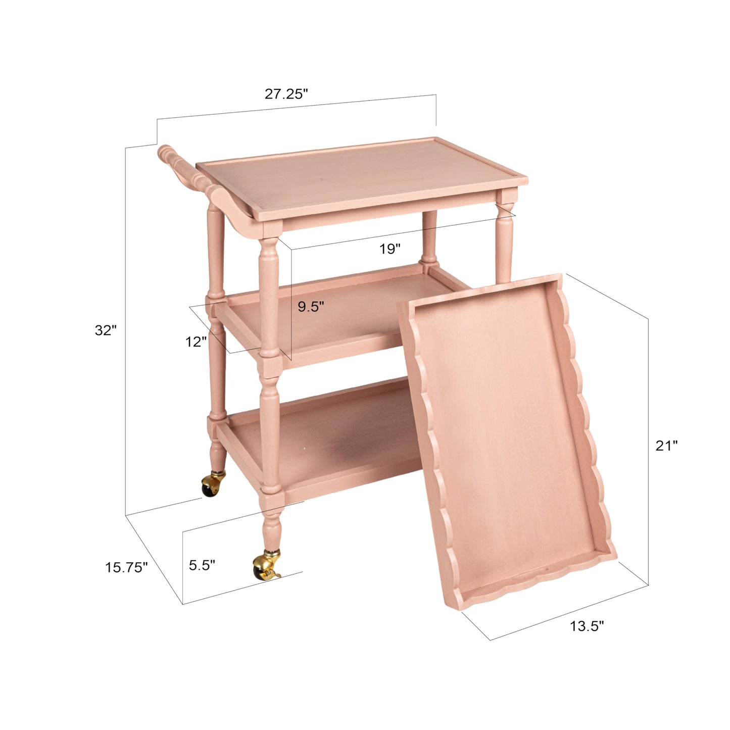 Creative Co-Op 3-Tier Bar Cart on Casters with Removable Scalloped Tray, Pink