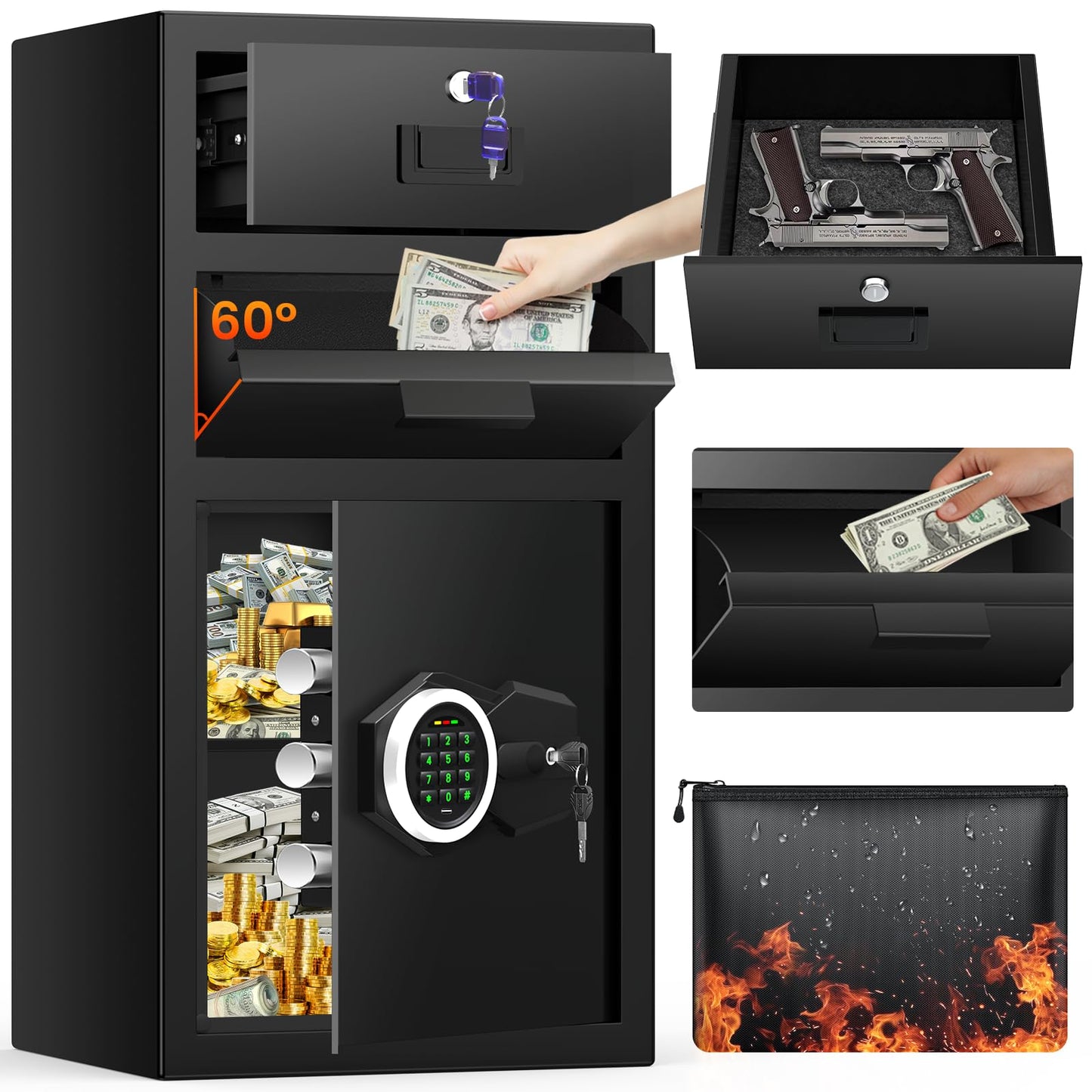 7.5 Cub Large Drop Safe for Business, Anti-Theft Depository Safe Box with Quick Place Drop Slot, Drawer, Digital Keypad, Spare Key, Heavy-duty Cash Drop Safes for Commercial Bussiness Retail Office