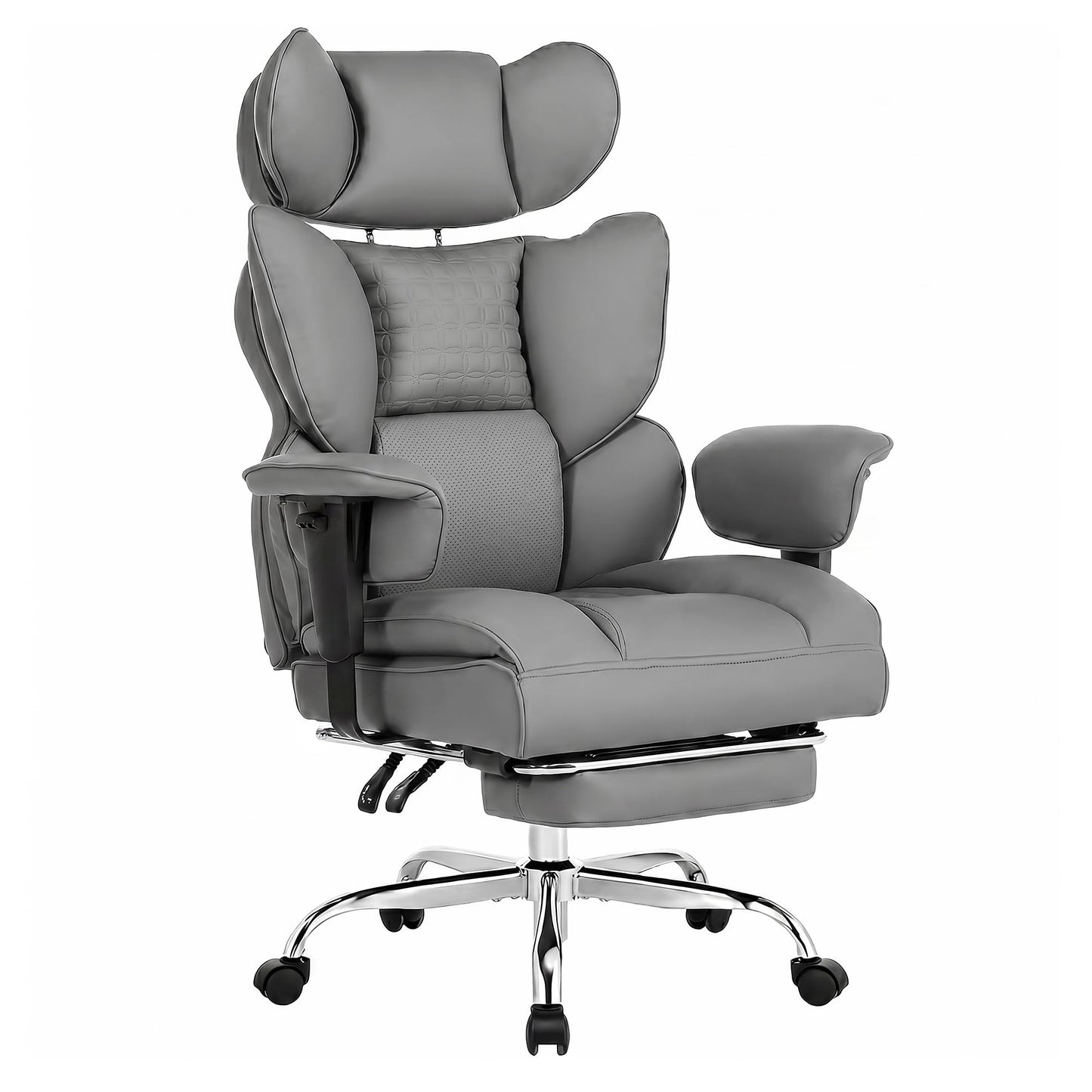 HAPPYMONT Big and Tall Ergonomic Office Chair,350 lbs,High Back Reclining PU Leather Gaming Chair with Footrest, Adjustable Armrests, Lumbar Support, Executive Desk Chair for Home Office, Grey