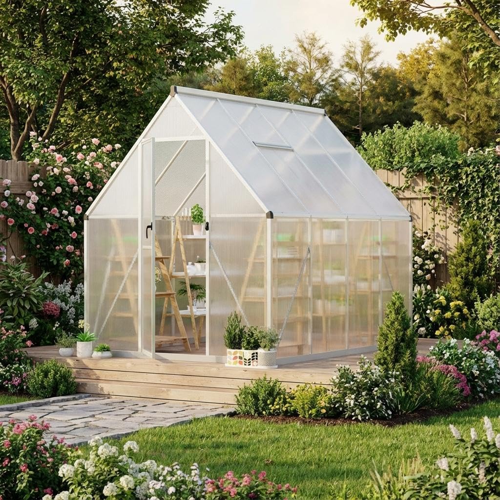 GarveeHome Large 6x7 Ft Walk-in Greenhouse, Aluminum Frame & Polycarbonate Panels for Growing Environment, Includes Roof Vent & Easy Assembly, Silver