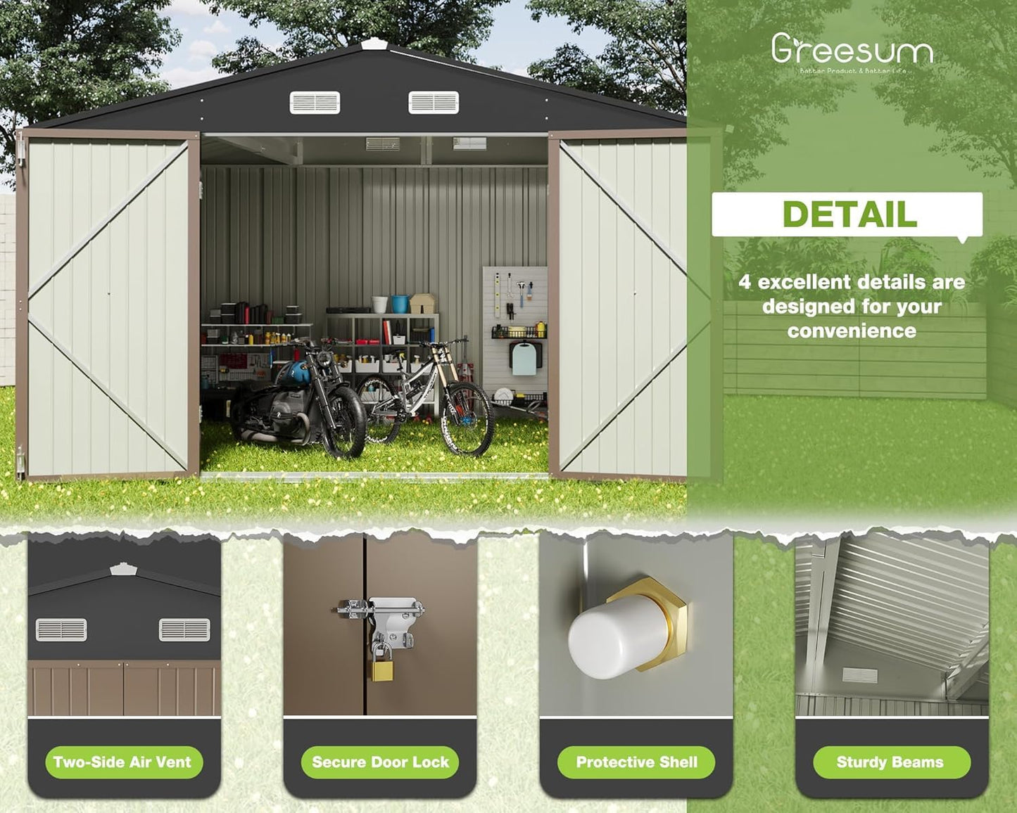 Greesum 10x10FT Outdoor Storage Shed, Utility Tool Shed Metal Storage Shed with Door & Lock for Patio Storage, Garden, Lawn, Brown