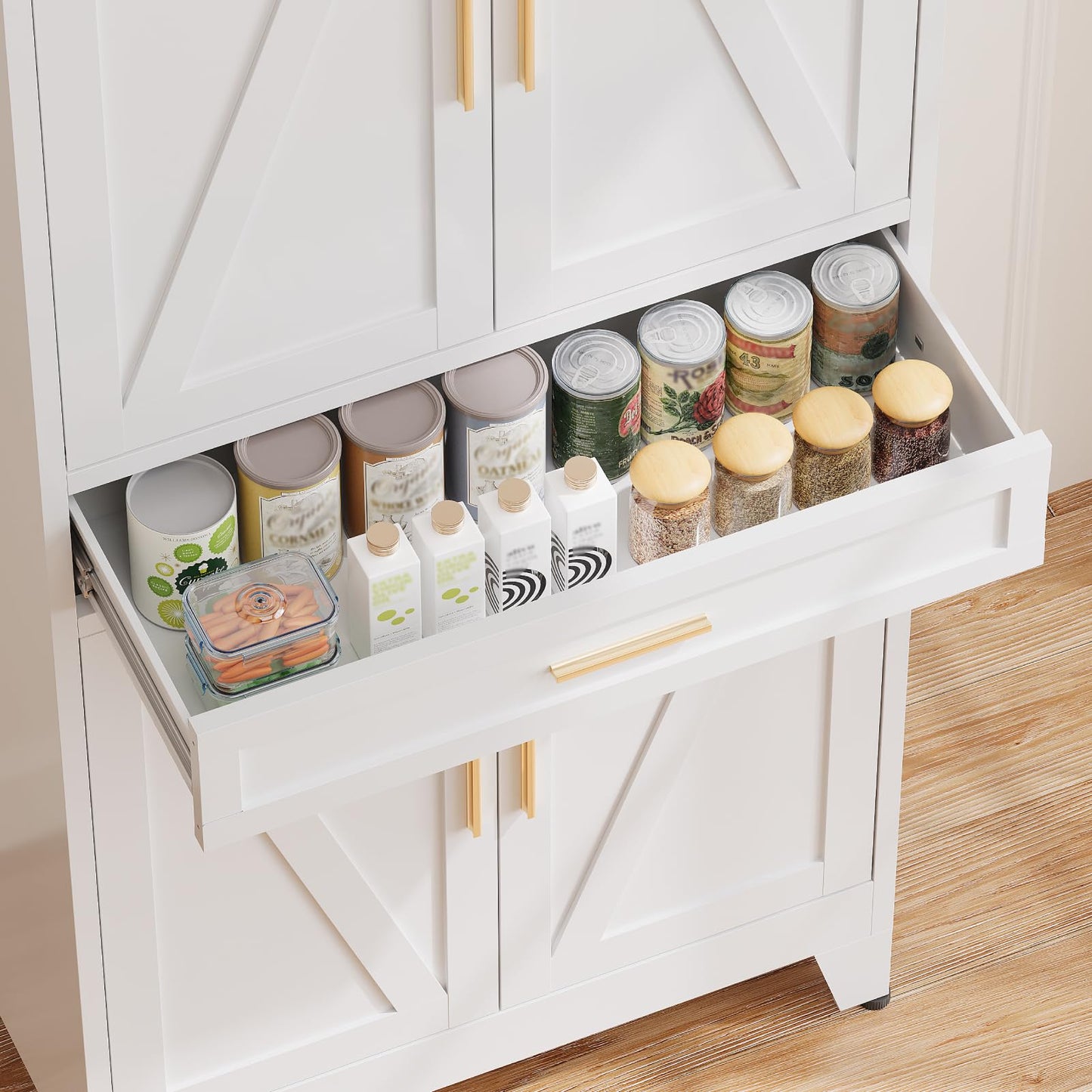 COFaR 71 in Tall Kitchen Pantry Cabinet with Drawer, Metal Pantry Storage Cabinet with 4 Adjustable Shelves and 4 Barn Doors, White Freestanding Farmhouse Food Cupboard for Dining Room