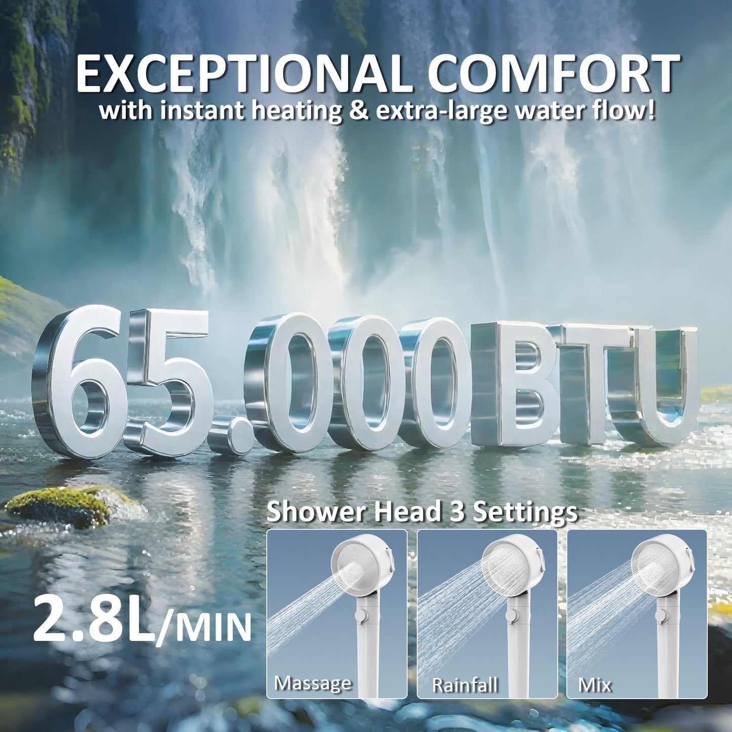 Jocoevol 65,000 BTU RV Tankless Water Heater, High Altitude Available, 12V, CSA Certificated, Instant Shower with 15 x 15 inches White Door and Multi-function Controller, Ideal for RVers' Family Use