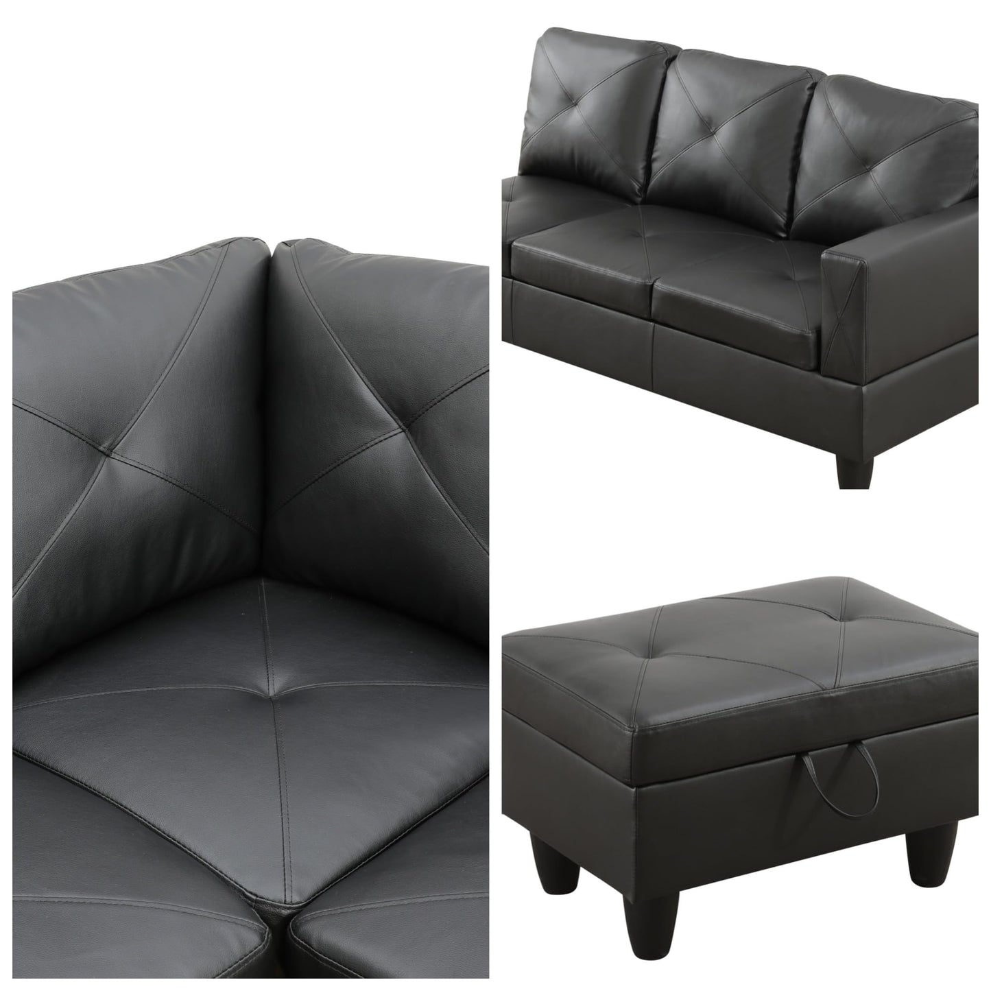 Trygoal L-Shaped Sectional Sofa with Movable Chaise & Storage Ottoman, Leather 3-Piece Modular Convertible Couches for Living Room, Apartment & Office, Dark Black