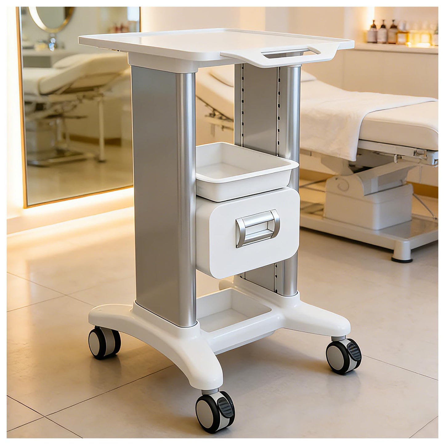 Medical Trolley Cart Mobile with Drawers, Hospital Ultrasound Cart with 4 Silent Swivel Wheels, Portable Medical Trolley Carts, 225 LBS Load, for Beauty, Salon, Clinic and Lab (Silver, Single Drawer)
