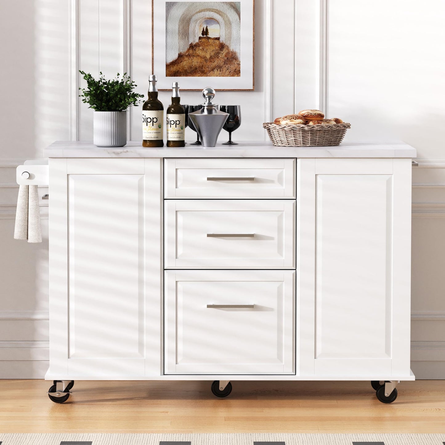 Merax 50.7" Kitchen Island with Storage Tilt Trash Can Cabinet and Pull Out Cabinet Organizer, Rolling Kitchen Island on 5 Wheels with Drop Leaf, 2 Drawers, 1Door for Dining Room, White