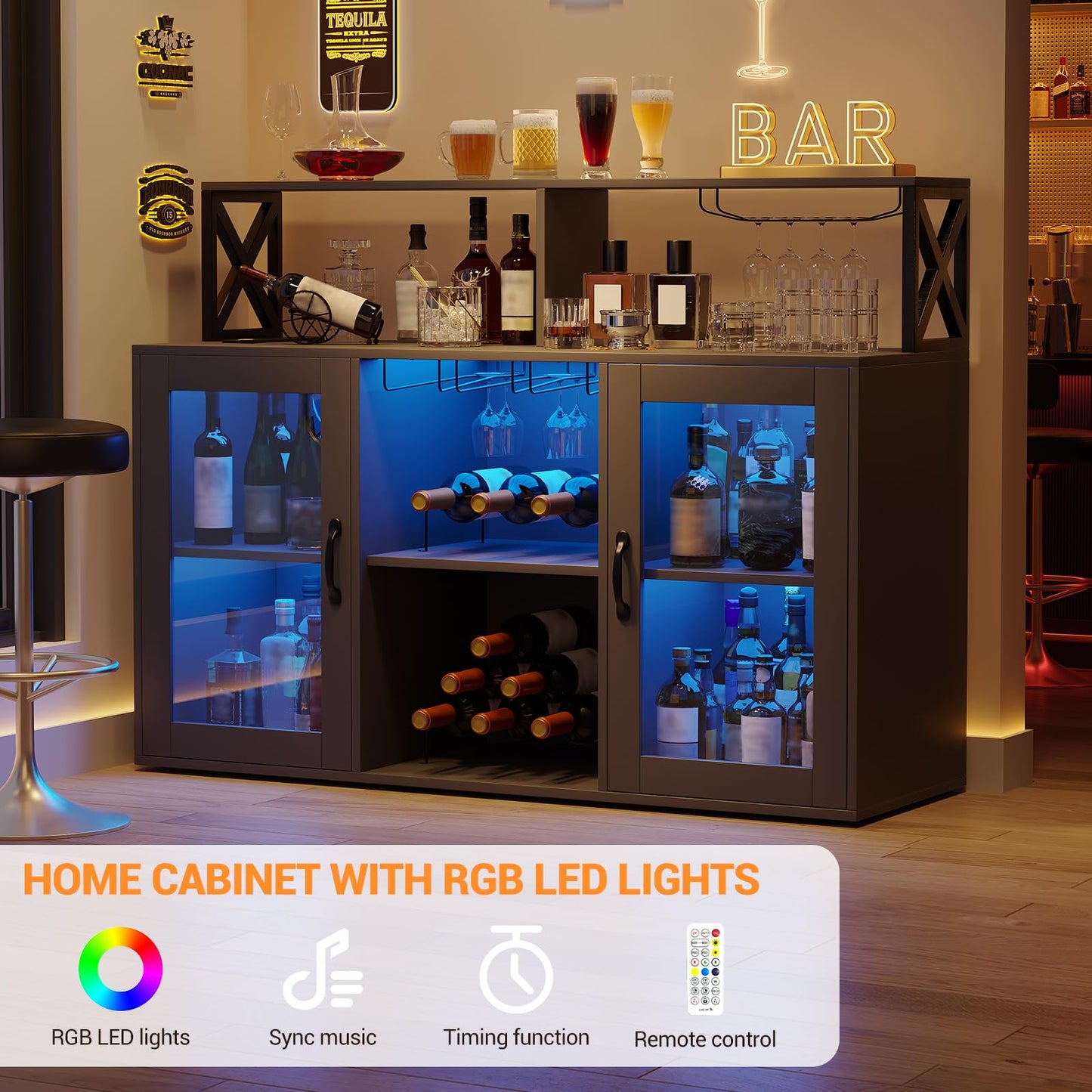 MegaChoice Wine Bar Liquor Cabinet with LED Lights, Wine Glass Holder & Rack, Kitchen Coffee Bar Cabinet, Sideboard Cabinet Bars with Storage for Home, Living Room, Dining Room Black