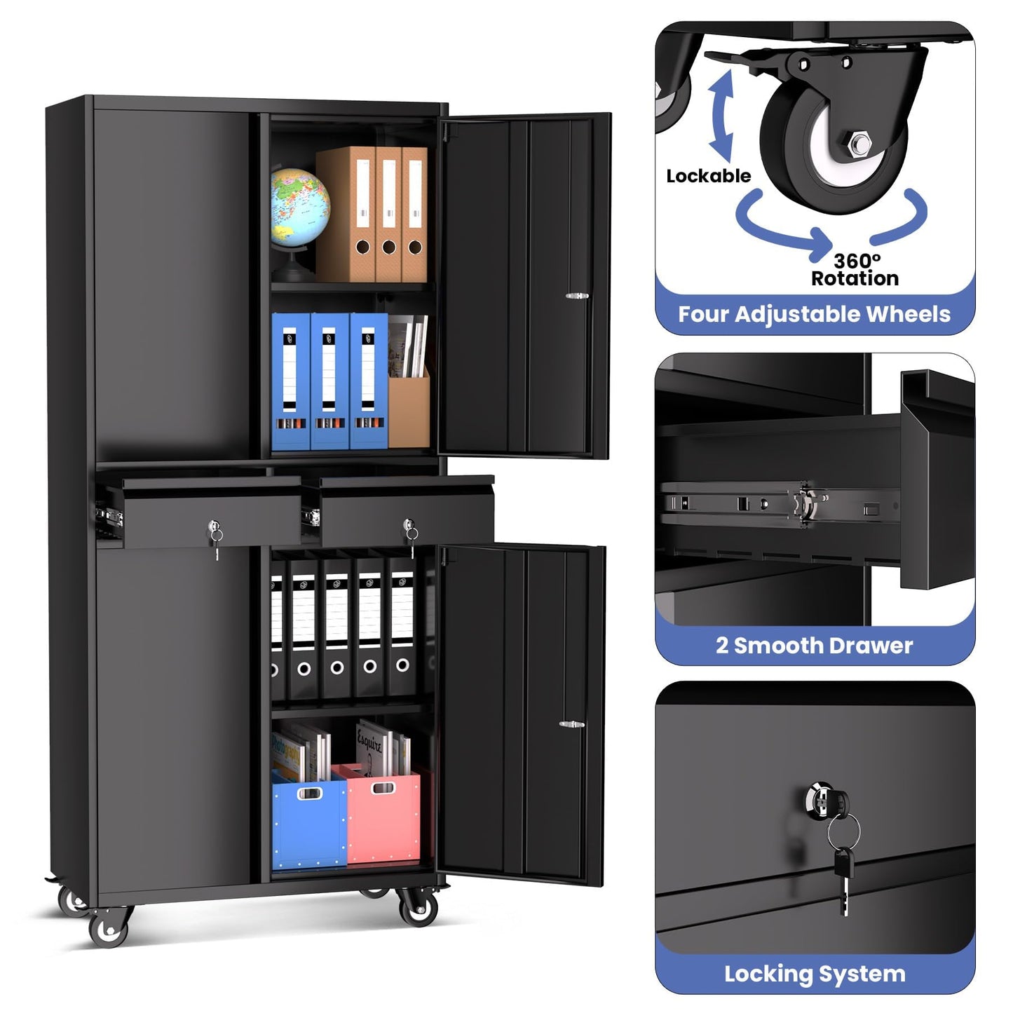 Garvee Metal Storage Cabinet, 73 Inch Garage Storage with Locking Doors and Adjustable Shelves, Heavy Duty Tool Cabinet with 2 Drawers