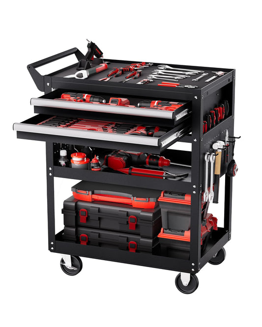 VEVOR 5-Tier Tool Cart with Wheels, 400 lbs Load Capacity, Rolling Work Cart with 2 Drawers & Pegboard, Mechanic Tool Storage Organizer with Locking System for Garage, Warehouse and Repair Shop, Black