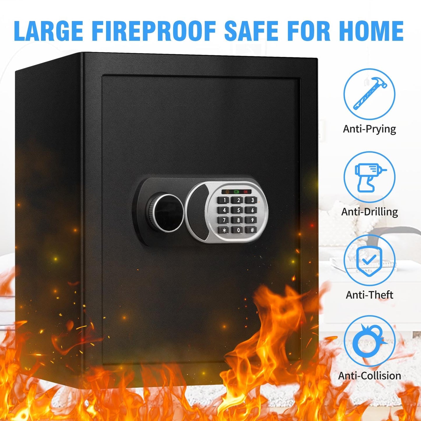 3.0 Cuft Fireproof Waterproof Home Safe, Anti-Theft Safety Box with Digital Keypad, Smart Alert System, LED Interior Light, Fireproof Bag and Spare Keys, Secure Storage for Cash Documents Valuables