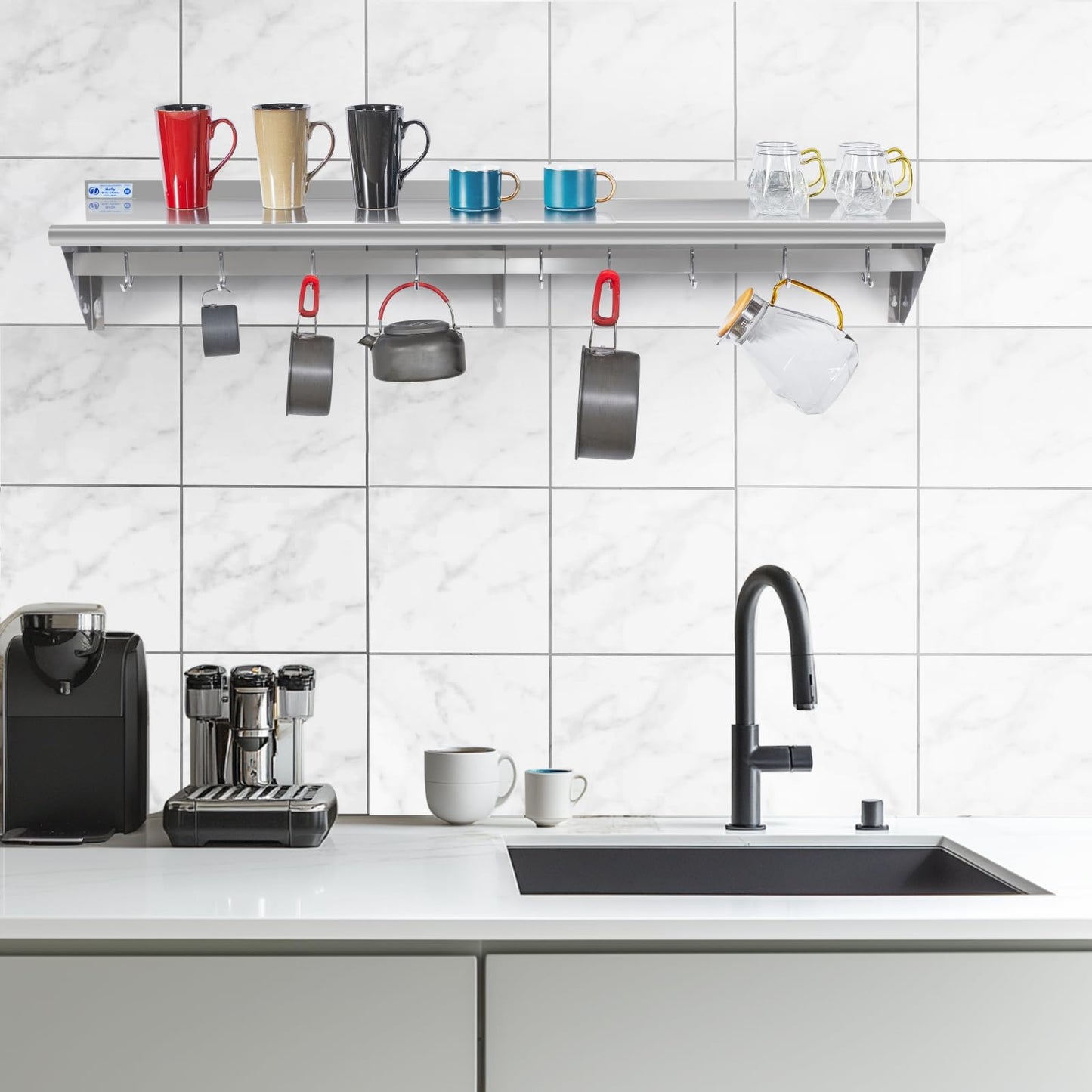 Hally Stainless Steel Shelf with 9 Hooks 18" x 72" Wall Mounted Pot Rack 500lb, NSF Commercial Floating Shelving for Storage Hanging Pots, Pans, cookware in Restaurant, Kitchen, Home and Hotel