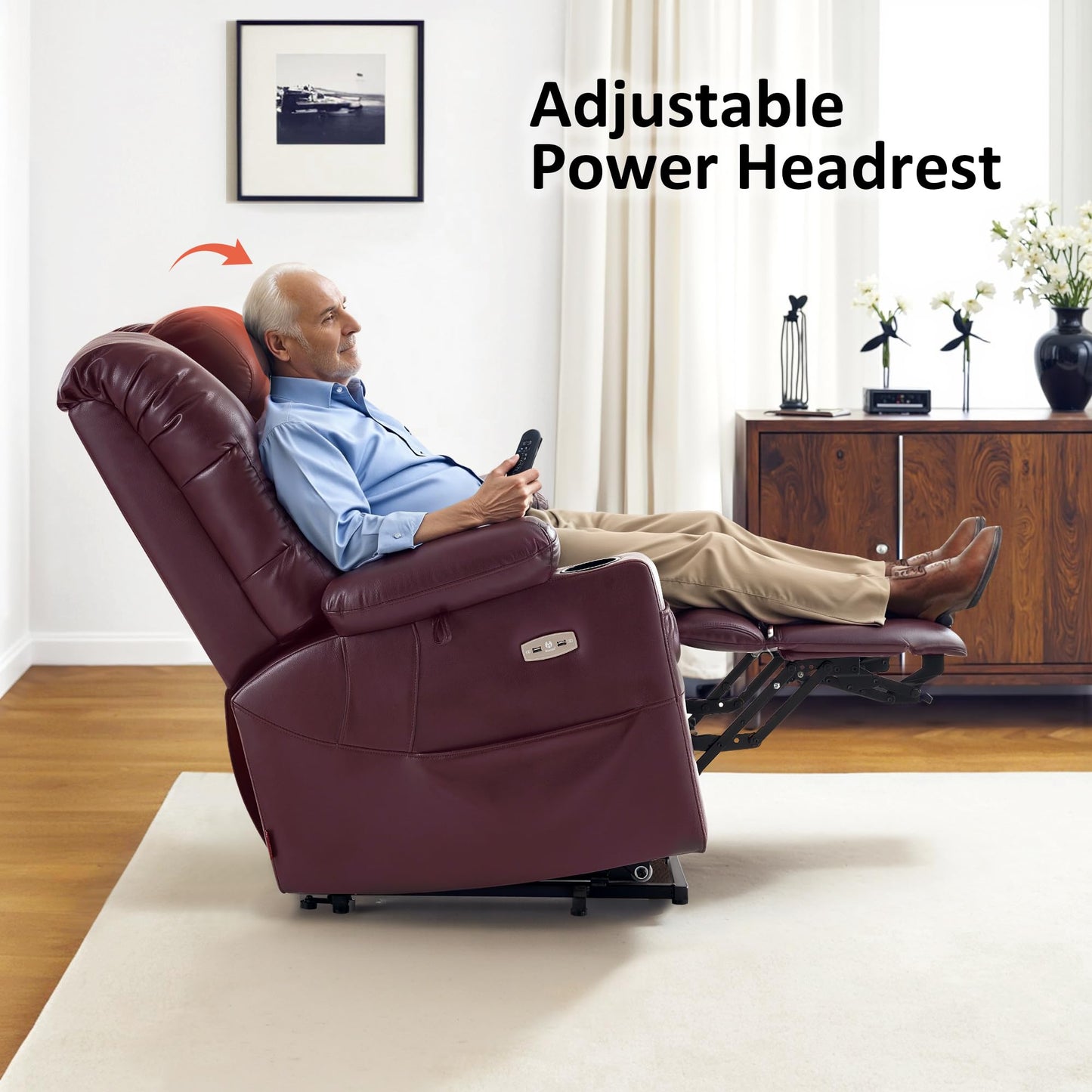 MCombo Triple Motor Lay Flat Power Lift Recliner Chair for Tall Elderly, Infinite Position, Massage, Dual Heating, Adjustable Headrest, Faux Leather 7634 (Wine, Large)
