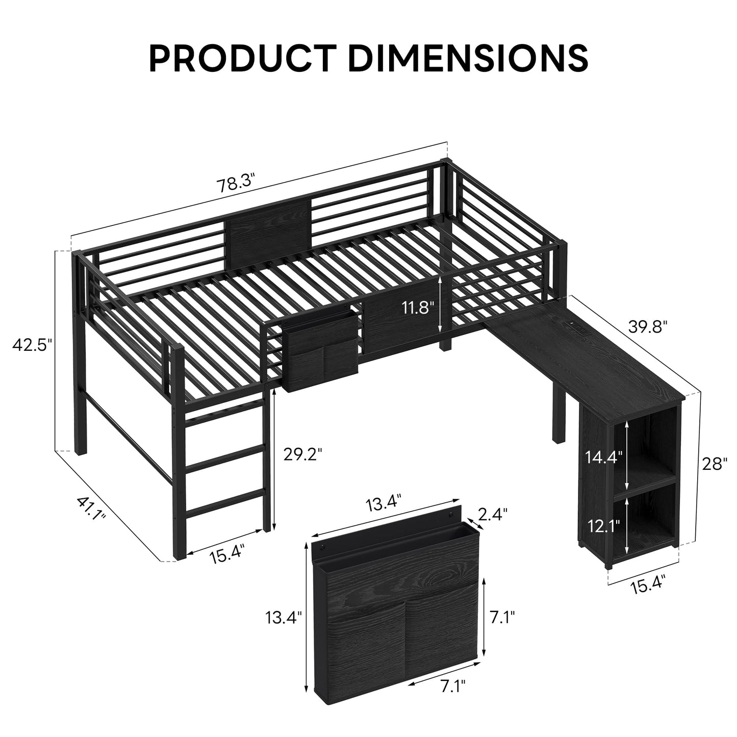 LIKIMIO Low Loft Bed Twin Size, 25 Heavy Duty Steels Support Slats with Desk & Charging Station, Twin Loft Bed with Safety Guardrails and Ladder, Black