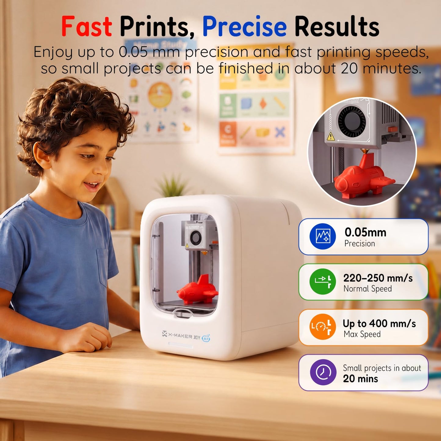 AOSEED 3D Printer for Kids, Fully Assembled AI 3D Printer with 8,000+ Models & 17+ Modules, 400mm/s High Speed, Leveling Free, STEM Toy Gift with 1 PLA Filament for Home & School, X-Maker Joy AI+