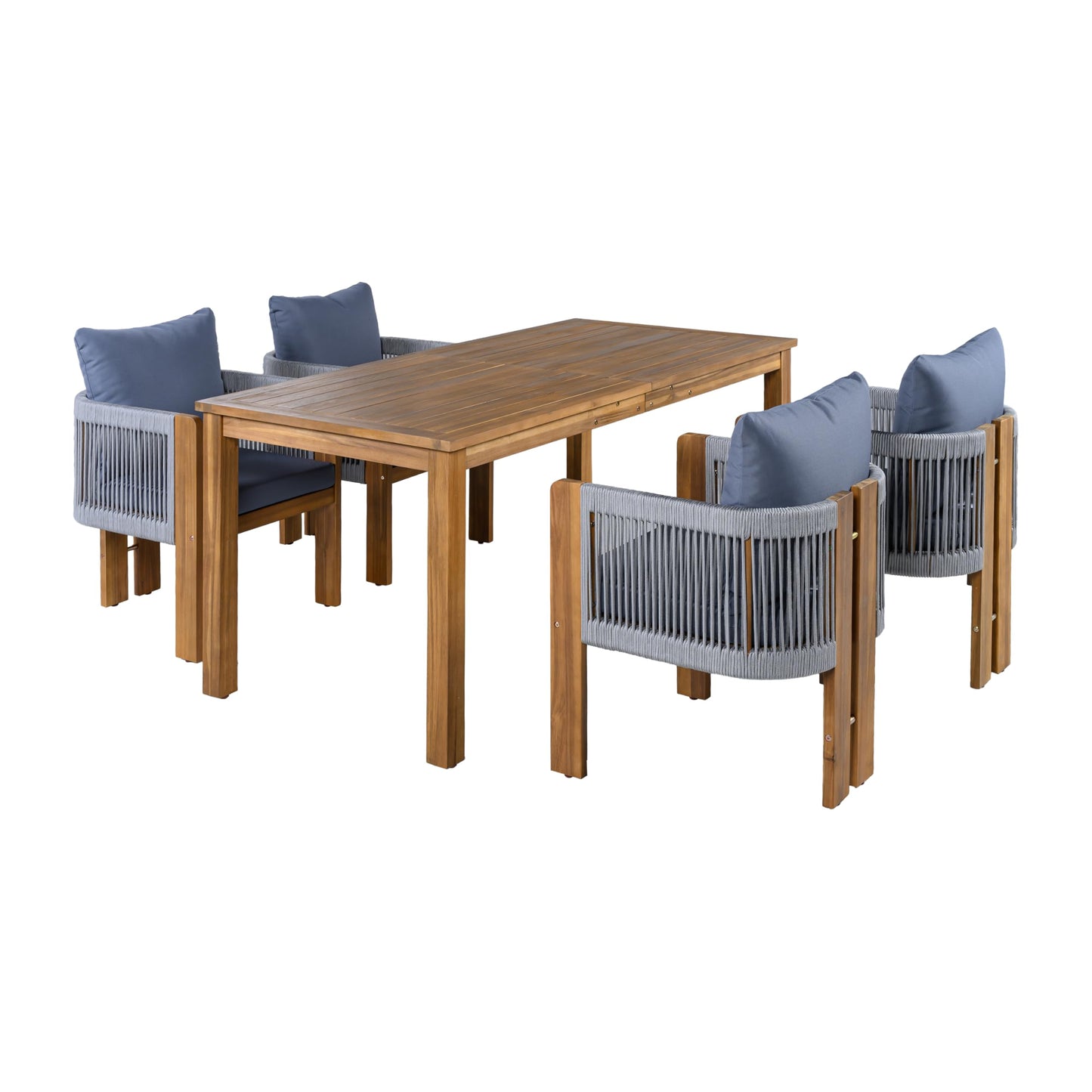 Merax Luxury 5-Piece Outdoor Patio Dining Set for 4, Solid Acacia Wood Dinning Set with Rope Woven Chairs,Farmhouse Dining Furniture Set for Garden, Backyard, Poolside, Brown+Gray