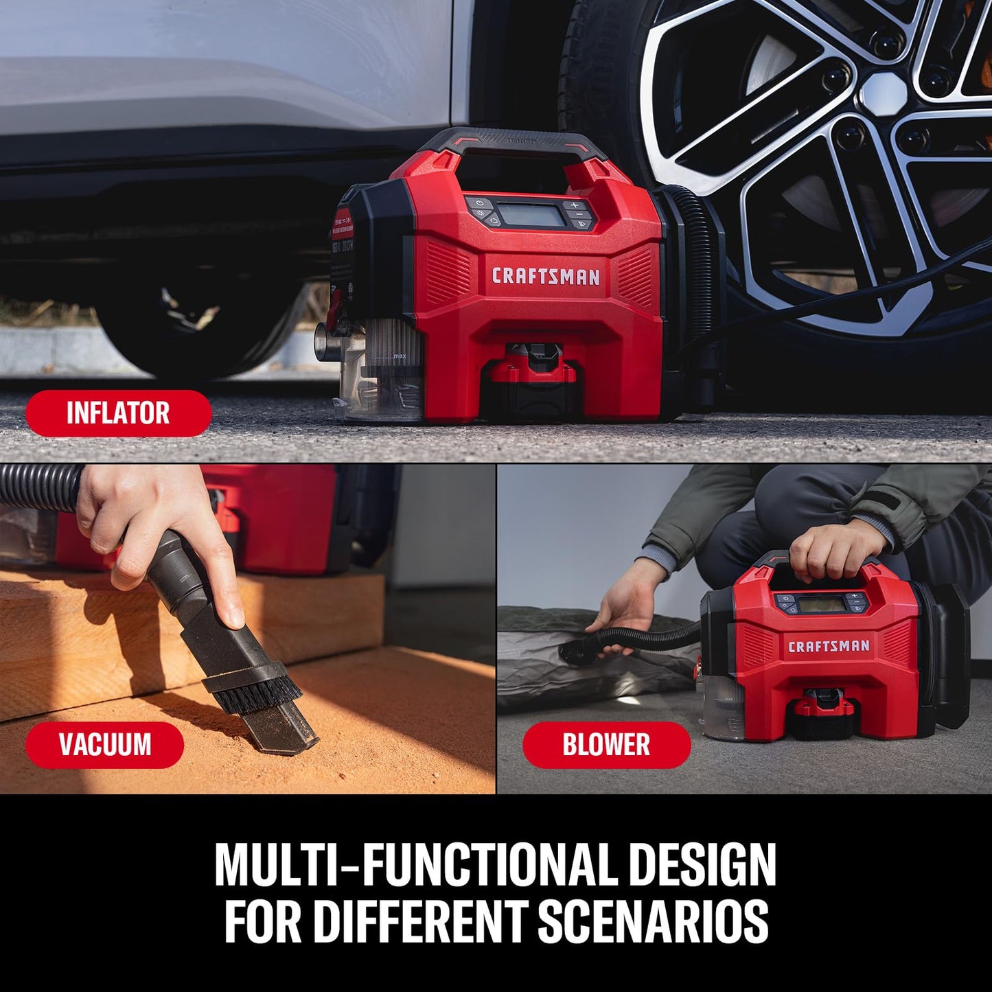 CRAFTSMAN 3-in-1 Cordless Portable Tire Inflator 160 PSI Air Compressor, 4.0Ah Battery & 12V Charger, Car Vacuum, Dust Blower & LED Light for Car, Bike, Ball, Inflatable Mat & SUP