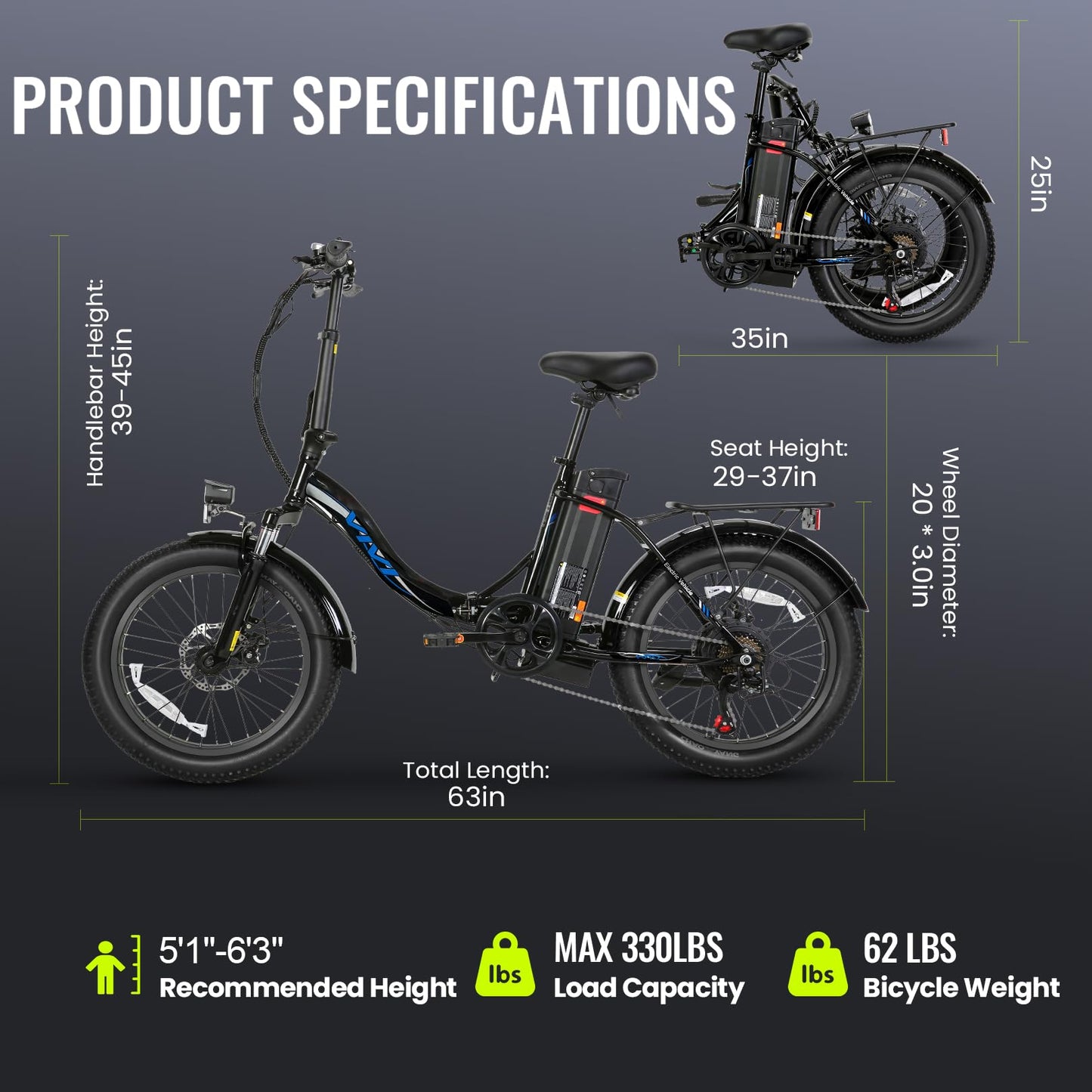 Vivi MT20UL Foldable Electric Bike 20" x3.0 Fat Tire Electric Bike with 48V 499.2WH Removable Battery, 750W, Up to 50 Miles EBike, 7-Speed, 19.8MPH, Cruise Control, SGS Certified to UL2849