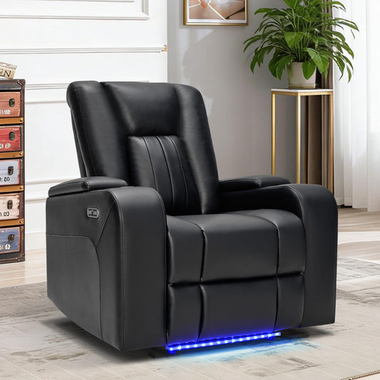 ANJ Home Theater Seating Power Recliner Chair with Hidden Arm Storage, Faux Leather Recliners with LED Light, Electric Movie Reclining Sofa with USB Ports & Cup Holders for Media Living Room, Black