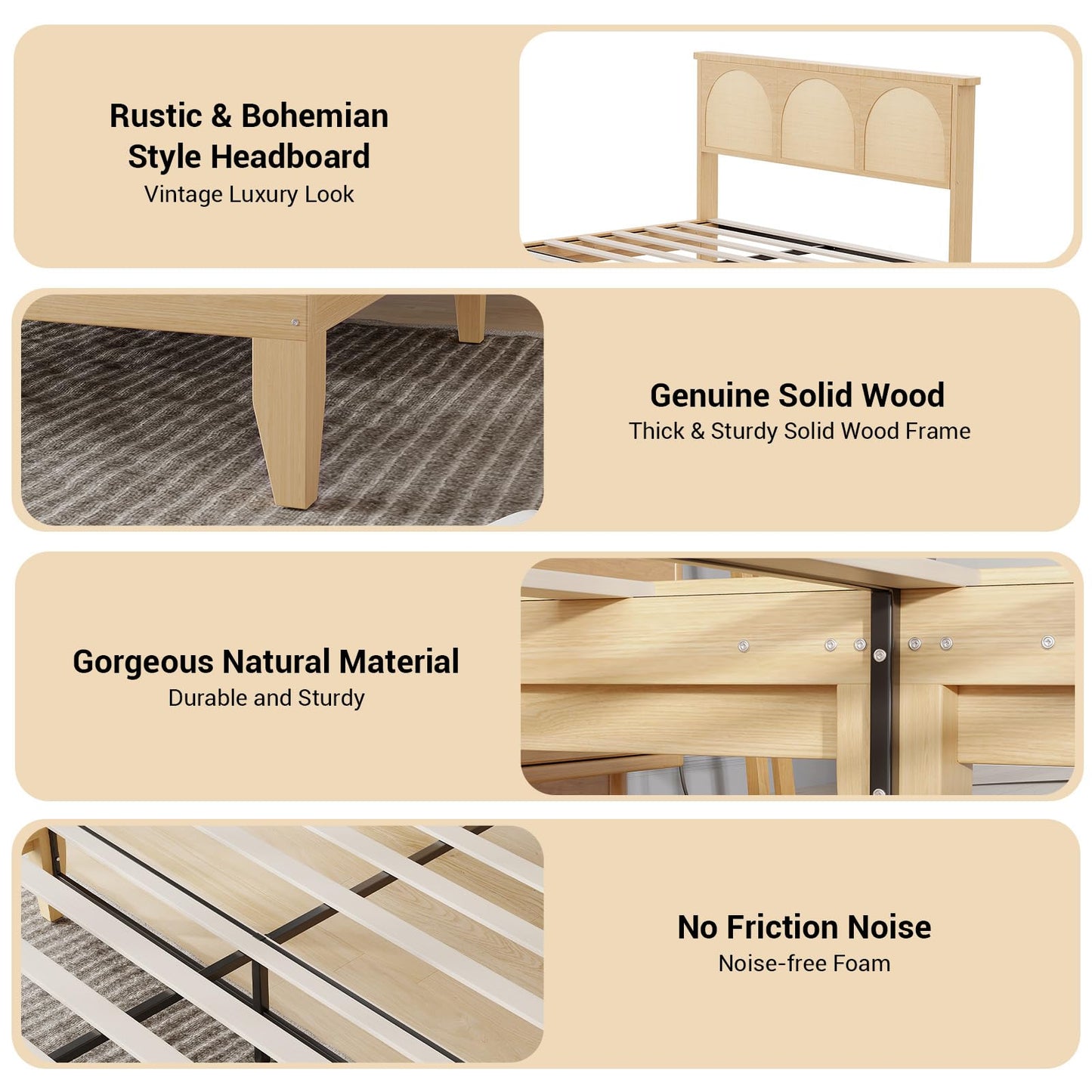 GarveeHome Boho Full Bed Frame, Solid Wood Bed with Natural Rattan Headboard & LED Lights, Wooden Platform Bed No Box Spring Needed, Storage Underneath, Sturdy Noise-Free Bed Frame, Easy Assembly