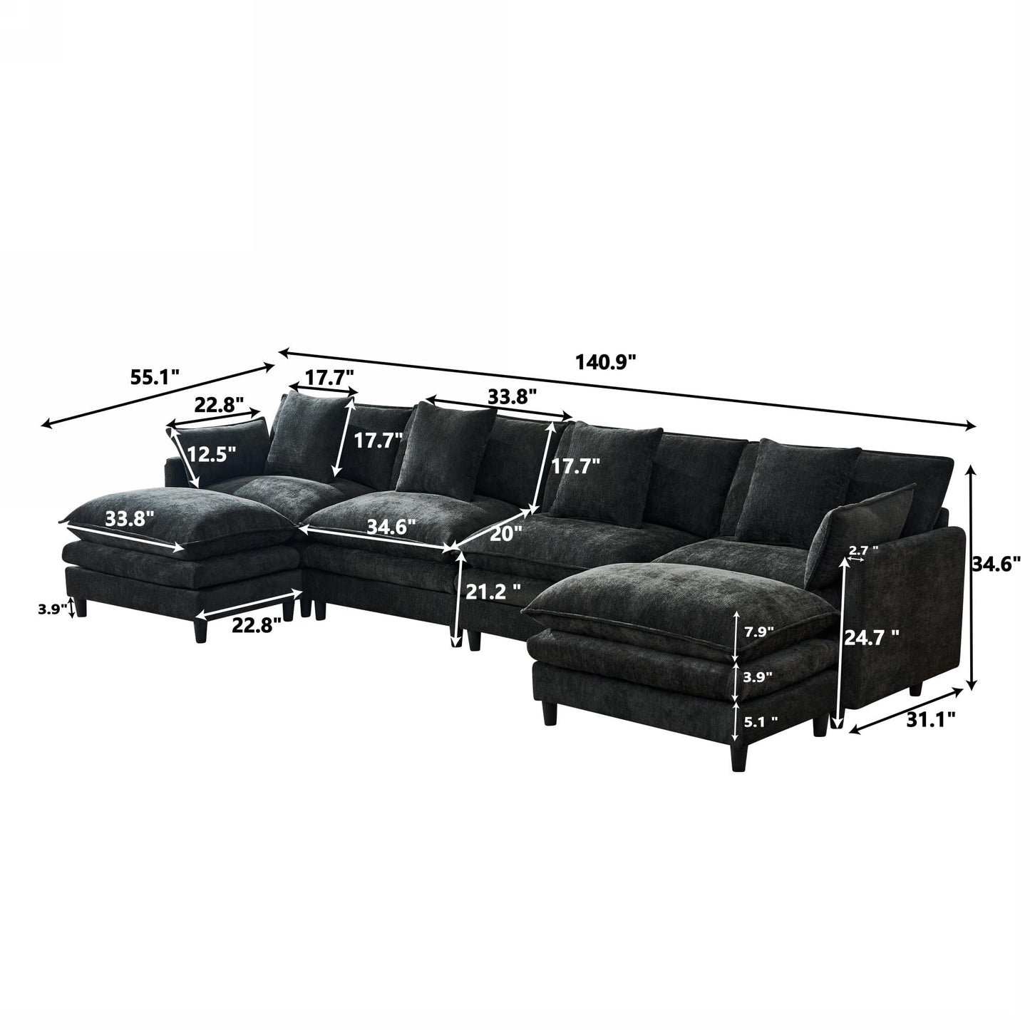 Eafurn 141" Oversized Modular Sectional Sofa with Movable Ottoman, 6 Seater Modern Chenille Reversible Sofa Set, Large Convertible U Shaped Couch for Living Room Apartment