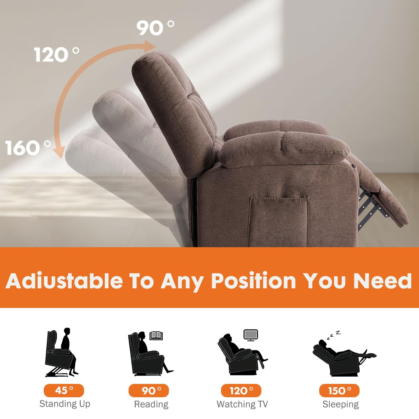 Sweetcrispy Power Lift Recliner Chair with Vibration Massage and Heat for Adults, Ergonomic Overstuffed Breathable Fabric Reclining Chair with Side Pockets, Remote Control, Living Room, Bedroom, Brown