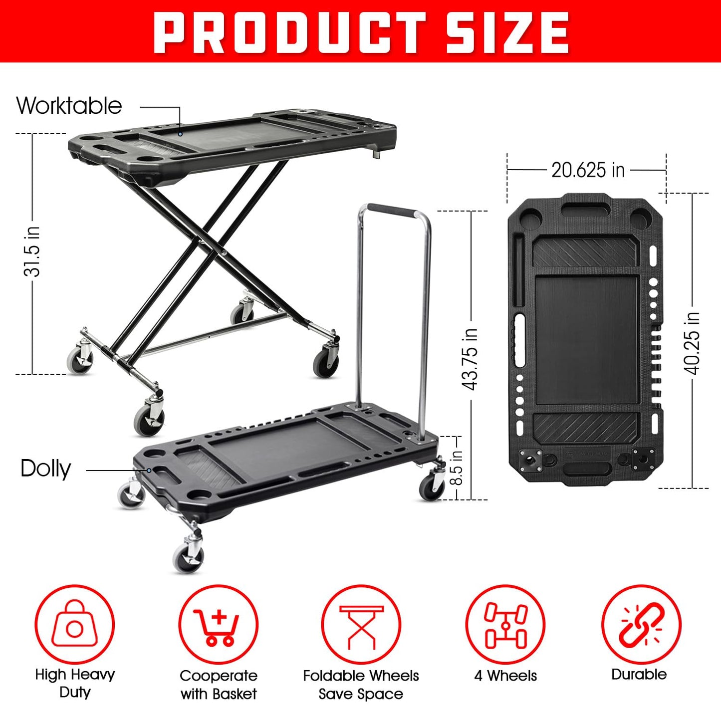 Powerbuilt Adjustable Work Table with Tool Holders and Convertible Dolly Function, Multi-Use, Home, Garage, Worksite - 642928ECE, Black