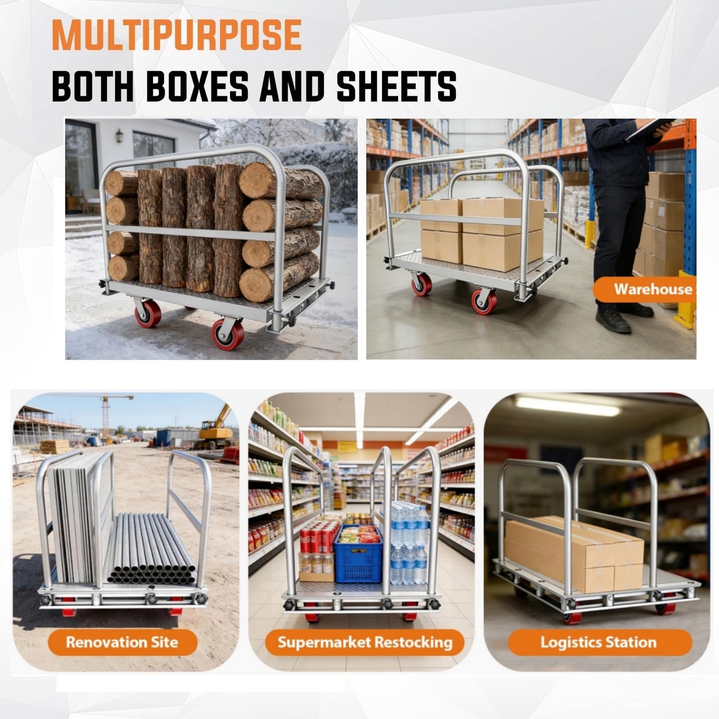 Steel Panel Truck Cart, Platform Truck, Heavy Duty Lumber Drywall Dolly, Flatbed with 2500 lbs Capacity and 4 Swivel Casters, 36x24inch Steel Board with 3 Side Handrails