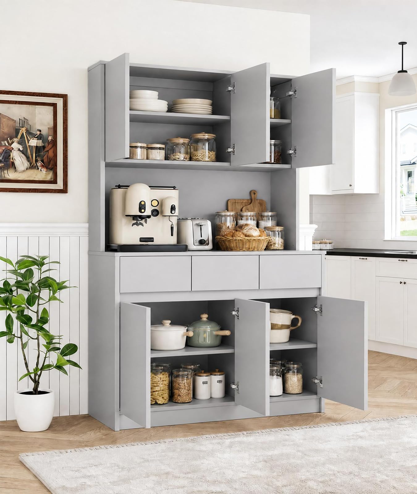 71" Kitchen Pantry Cabinet,Tall Storage Cabinet with Doors & Shelves Adjustable, Kitchen Storage Hutch with Microwave Shelf,Coffee Bar,Led Lights&Charging Station,Corner Pantry Cabinet for Living Room