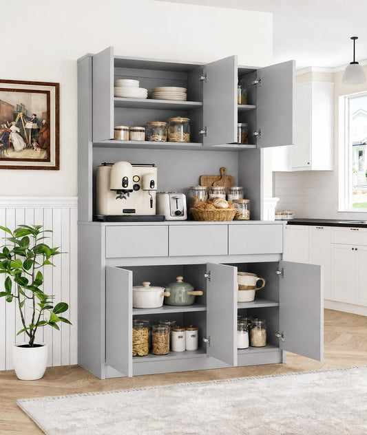 71" Kitchen Pantry Cabinet,Tall Storage Cabinet with Doors & Shelves Adjustable, Kitchen Storage Hutch with Microwave Shelf,Coffee Bar,Led Lights&Charging Station,Corner Pantry Cabinet for Living Room