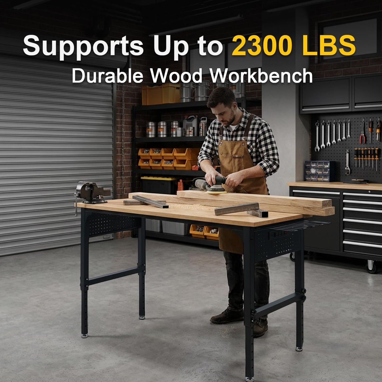 60" Heavy-Duty Garage Workbench, 2300LBS Capacity Work Table with Power Strip, Work Bench for Garage, Workshop, Office, Warehouse & Home