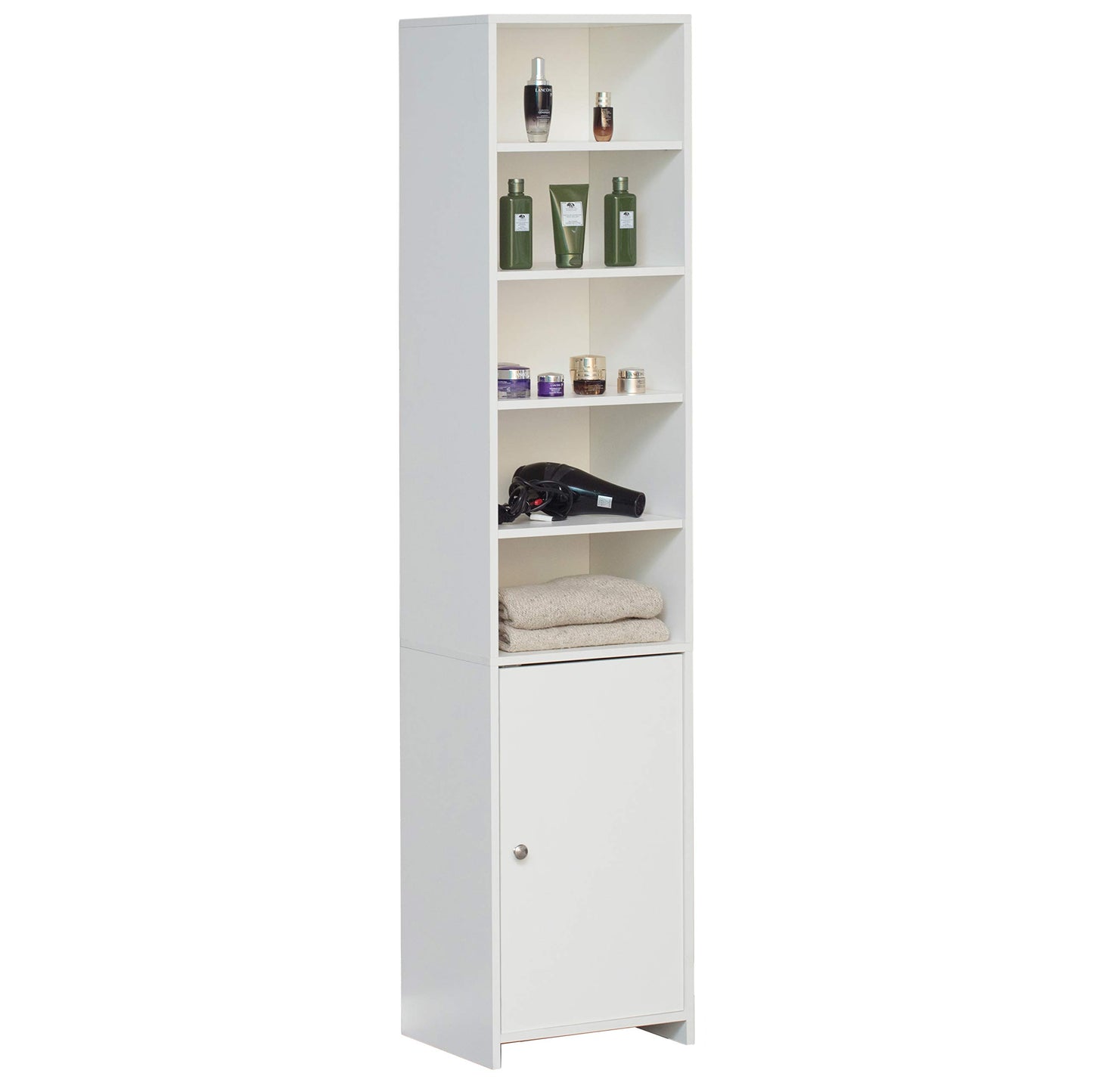 Basicwise Tall Slim Bathroom Storage Cabinet - Freestanding Linen Tower Organizer with 5 Open Shelves, 2 Adjustable Shelves, Sturdy Wood, 72 in High, Narrow White for Bathroom or Laundry