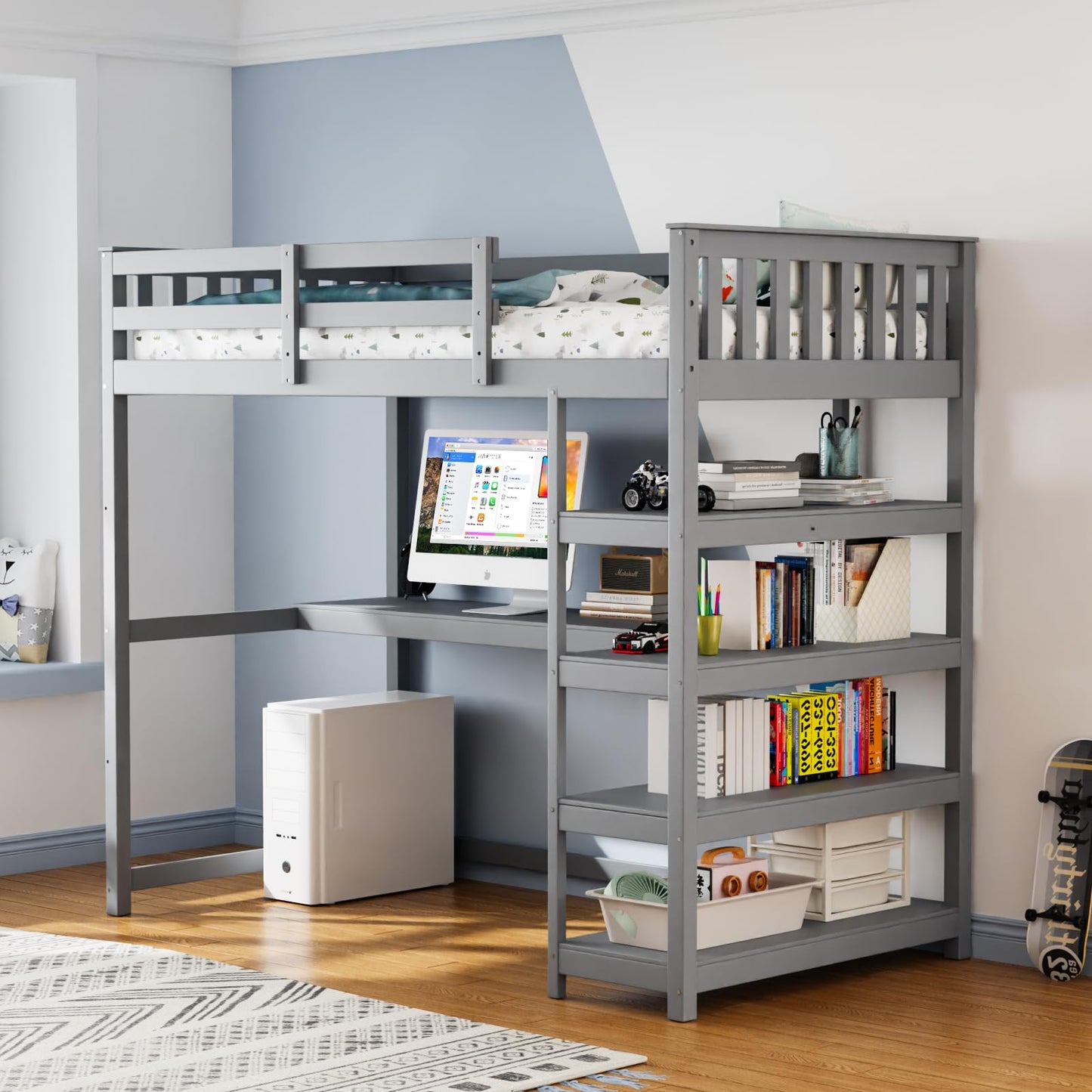 JOYMOR Bunk Bed with Desk and 4-Layer Shelves, Loft Bed Twin Size with Under Desk and Bookcase Storage, Twin Bed Frame for Kids, Adults& Young Teens
