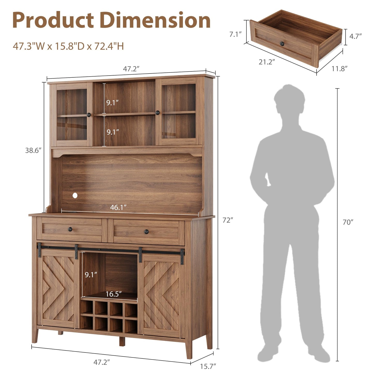 Garvee 72" Farmhosue Bar Cabinet with Sliding Barn Door, Large Kitchen Buffet with Hutch Wine with Charging Station, 2 Drawers, 8 Storage Shelves, LED Rustic Coffee Bar for Dining